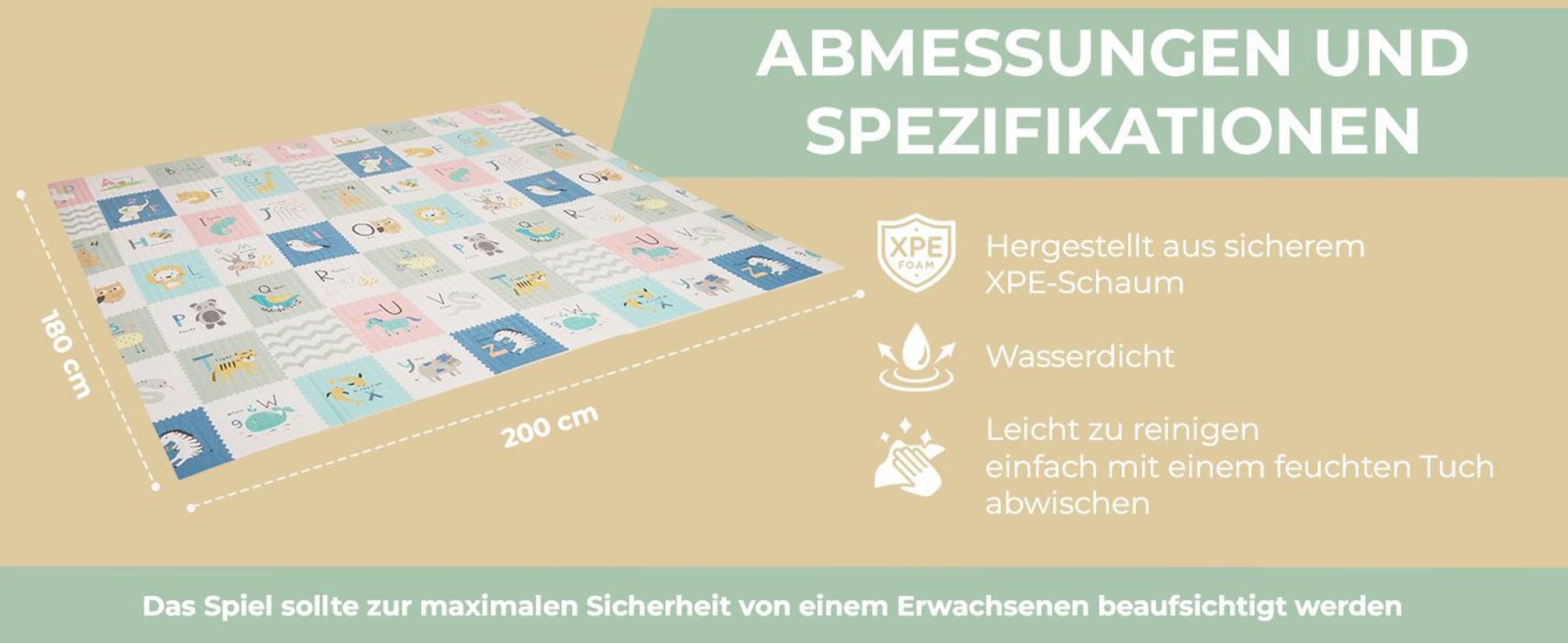 KiddyMoon Spielmatte Babymatte Zweiseitige Krabbelmatte Matte Schaumstoffmatte Für Kinder Kindermatte Kindgerechte Muster Spielplatz Entwicklung Bequemer Ideal Für Drinnen Und Draußen 180X200x1cm, Bra