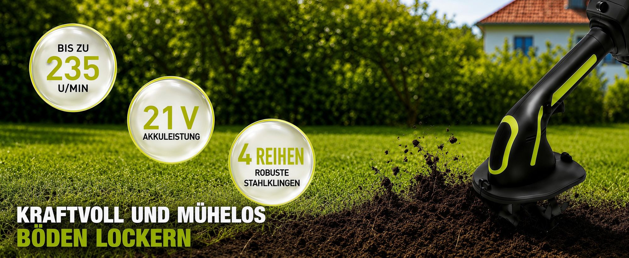 Multifunktionaler Mikro-Tiller, 100mm, elektrische Gartenfräse, 235 U/min, batteriebetriebener Rototiller für Gartenarbeit, 2 Akku und Ladegerät