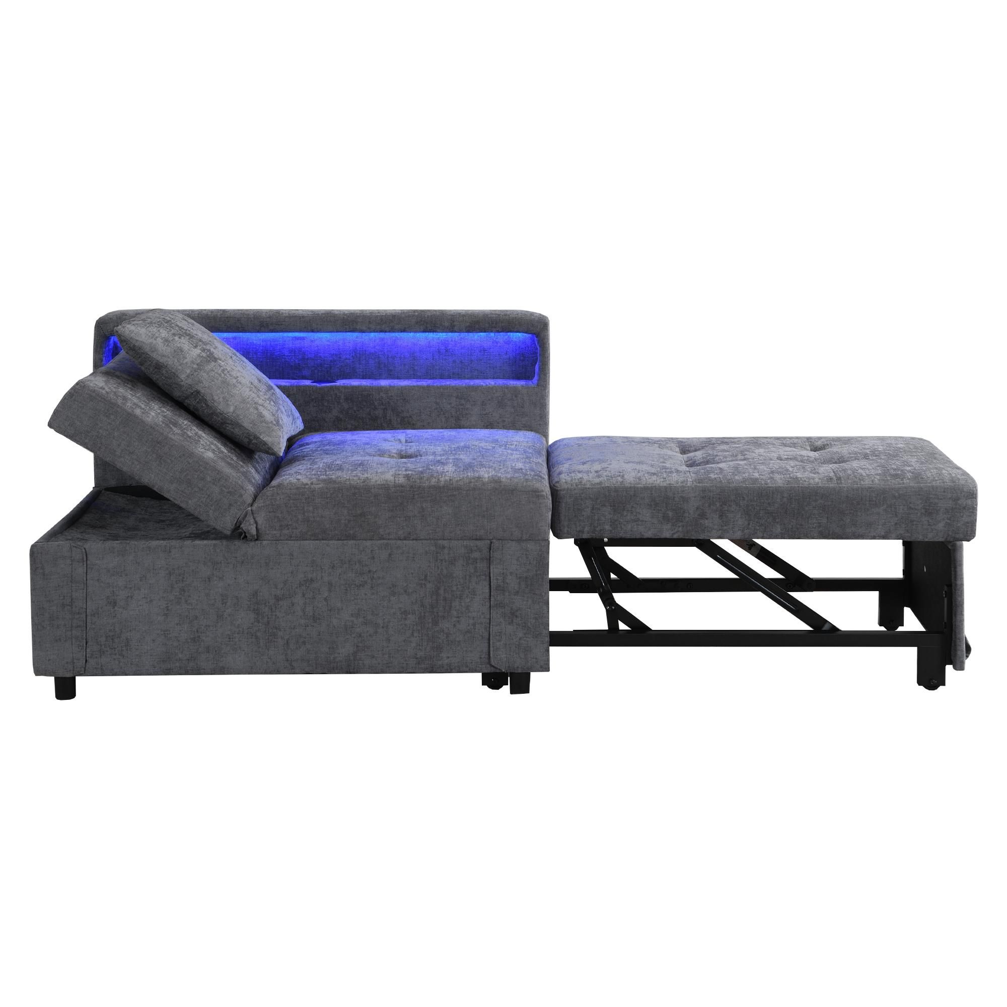 Flieks Schlafsofa mit Ladefunktion und Led, Polstersofa Sessel mit Kissen und Verstellbare Rückenlehne, Tagesbett Daybed, Leinen, Hellgrau