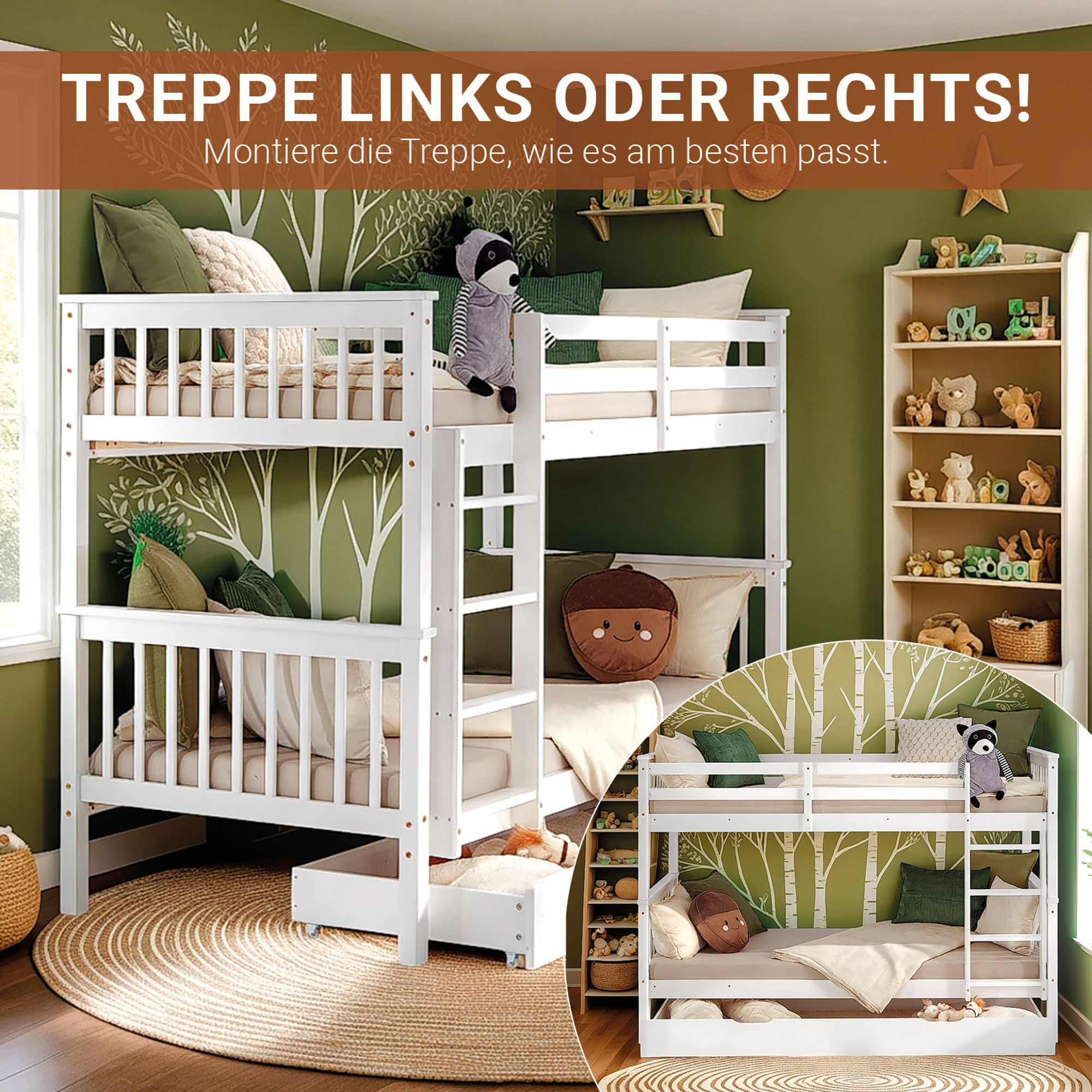Die Treppe vom Kinderbett lässt sich links oder rechts montieren.