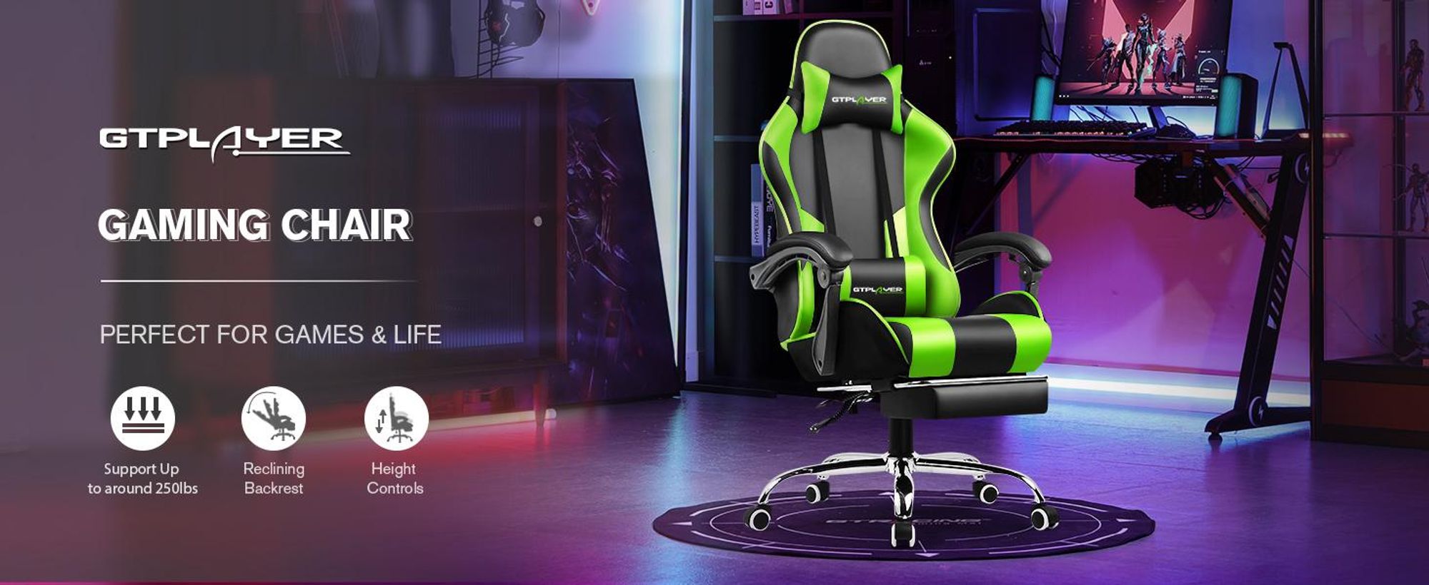 Herná stolička GTPLAYER, ergonomická kancelárska stolička s masážnou funkciou a opierkou na nohy, prepojenie s madlom, oceľová základňa, zelená