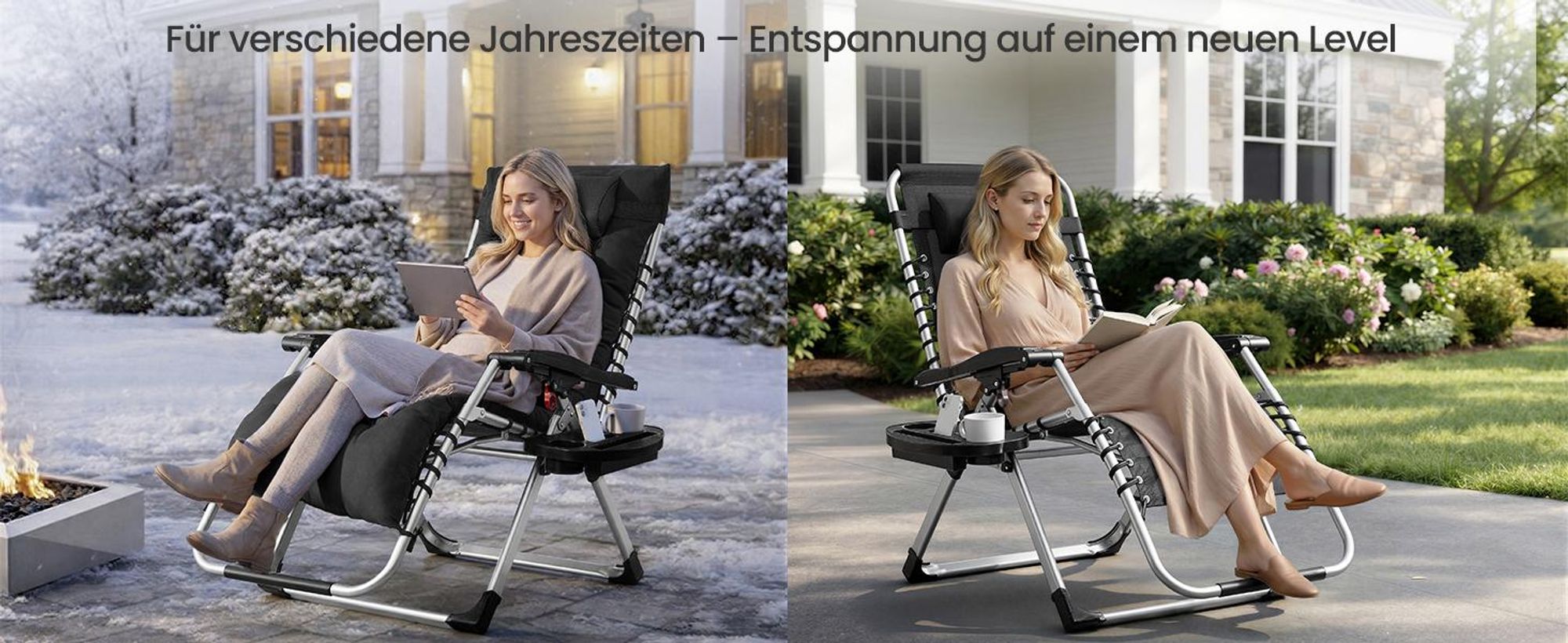 SONGMICS Klappbare Relaxliege mit Stahlrahmen, abnehmbarem Kissen, Liegestuhl für Garten und Balkon, Tasche, Tablett, schwarz