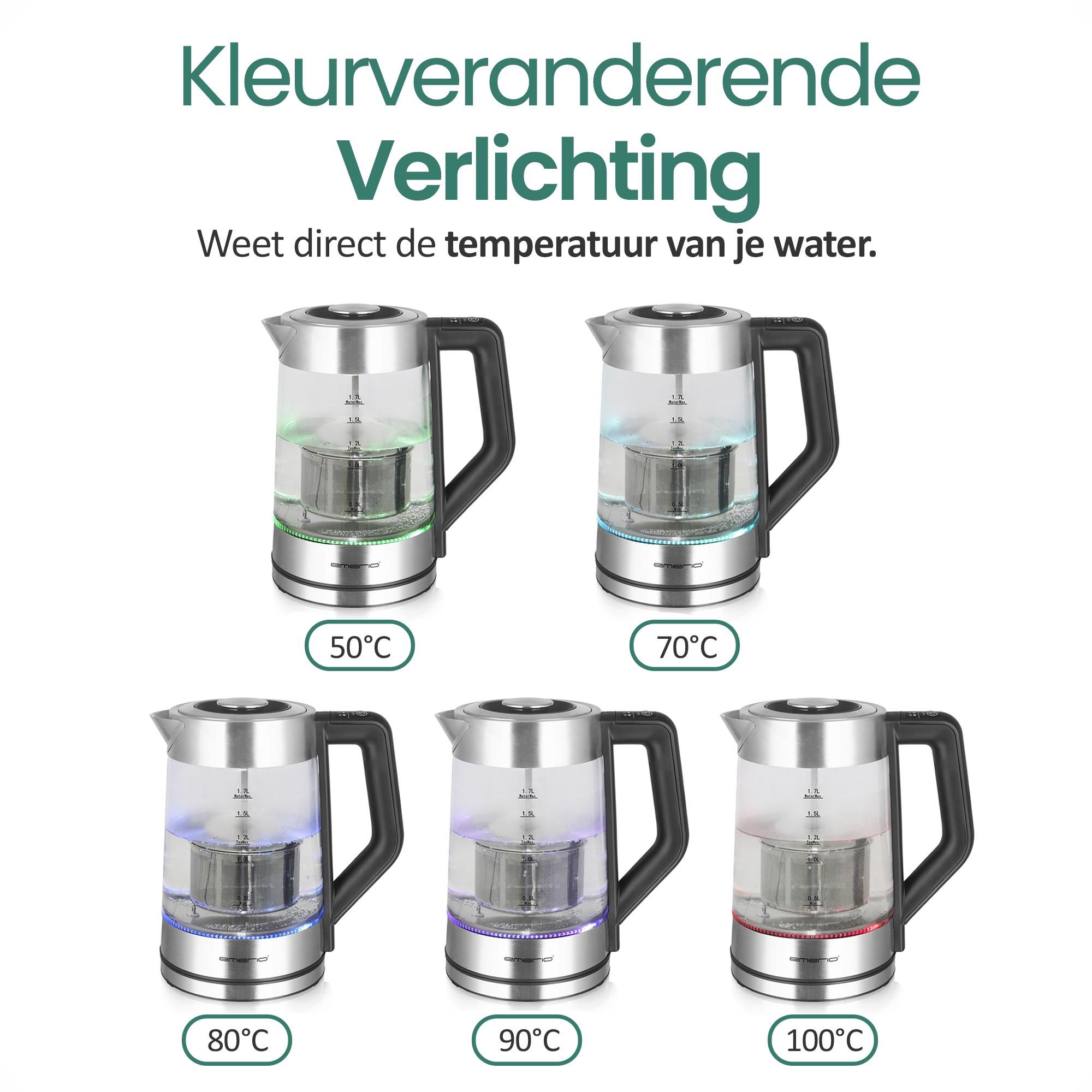 Emerio Waterkoker WK-122730 – 1,7 Liter – 2200 W – Instelbare Temperatuur – LED-verlichting – Oververhittingsbeveiliging – Waterniveau-indicator – RVS