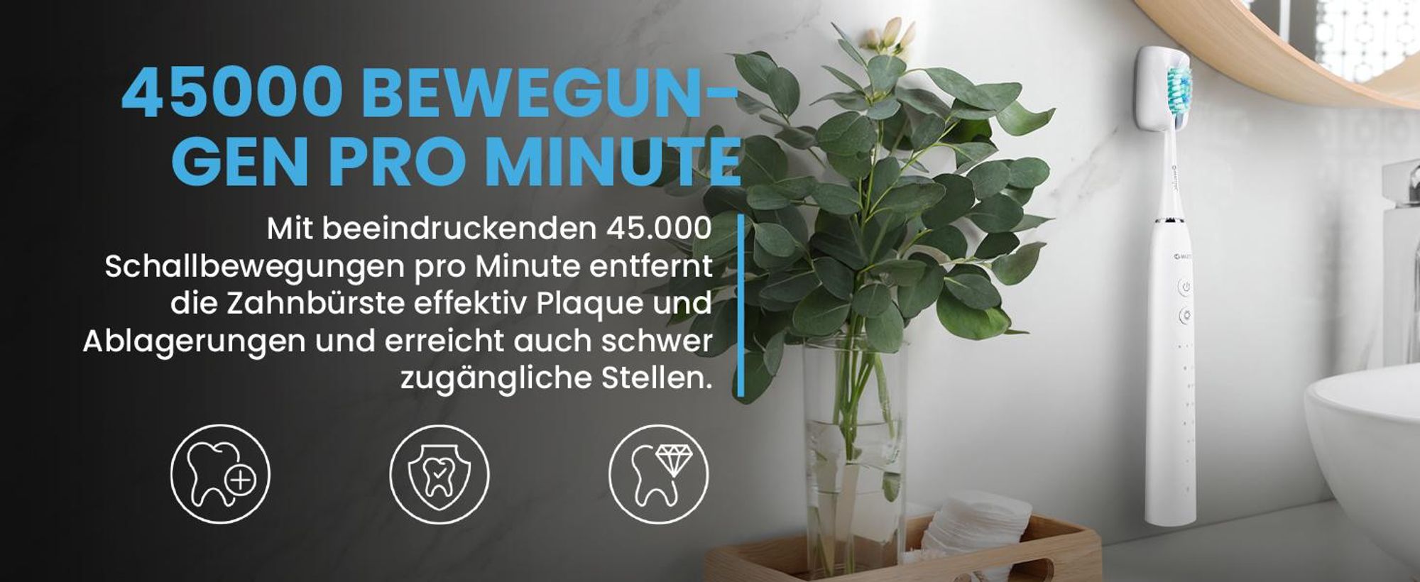 Weiße Schallzahnbürste mit drei Stufen und elegantes Etui