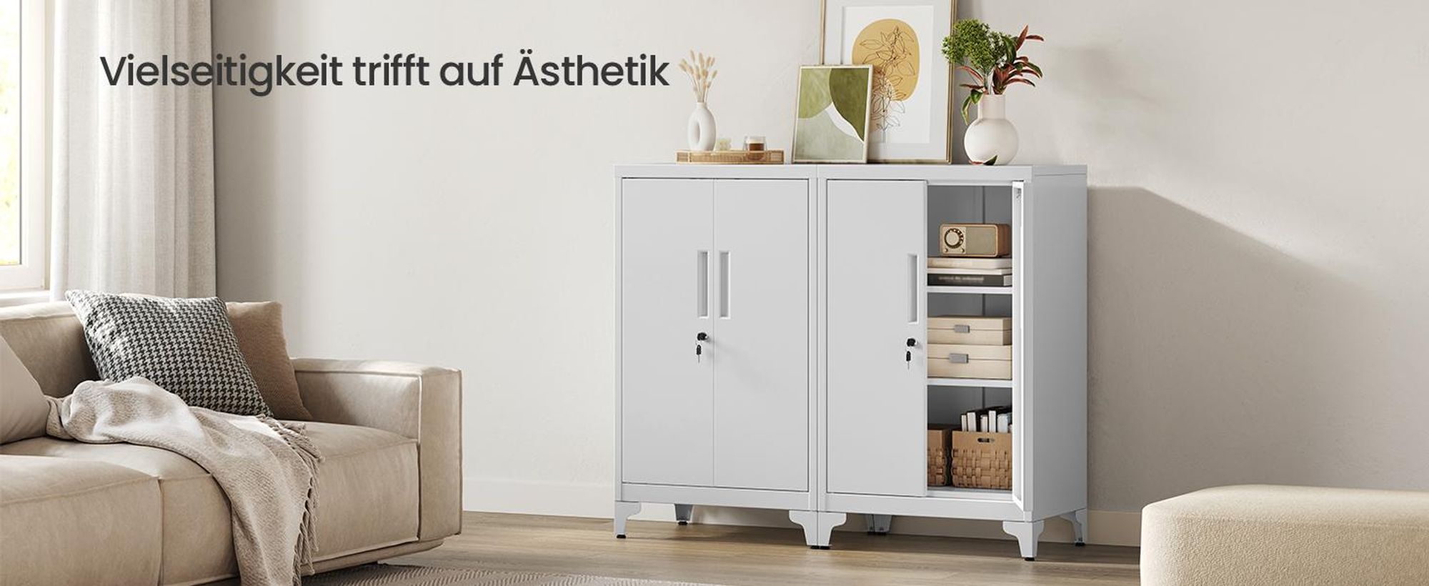 SONGMICS Aktenschrank, Mehrzweckschrank, Büroschrank mit 2 Türen, Schrank abschließbar, aus Stahl Mattgrau