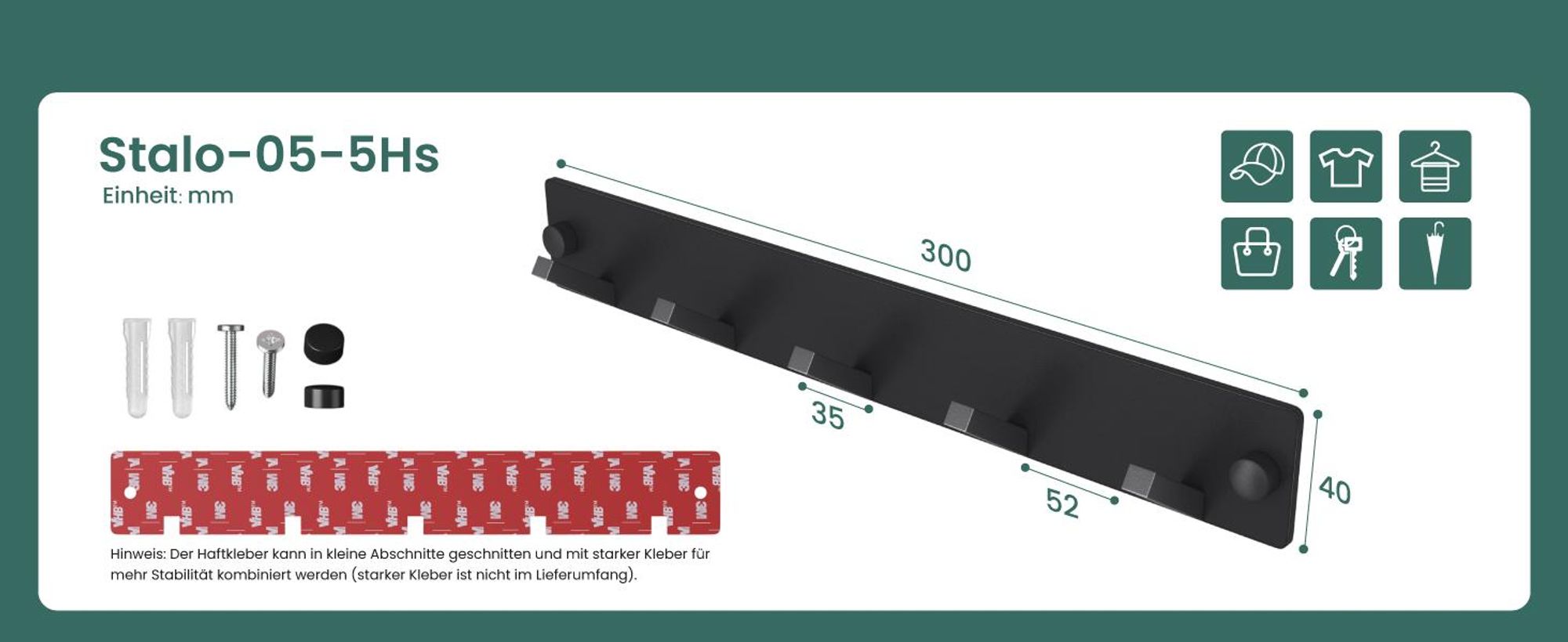 Mai & Mai Kleiderhaken Wandgarderobe Wandhaken aus Edelstahl mit 5 Haken Garderobenleiste Garderobenhaken 30cm Matt schwarz Stalo-05