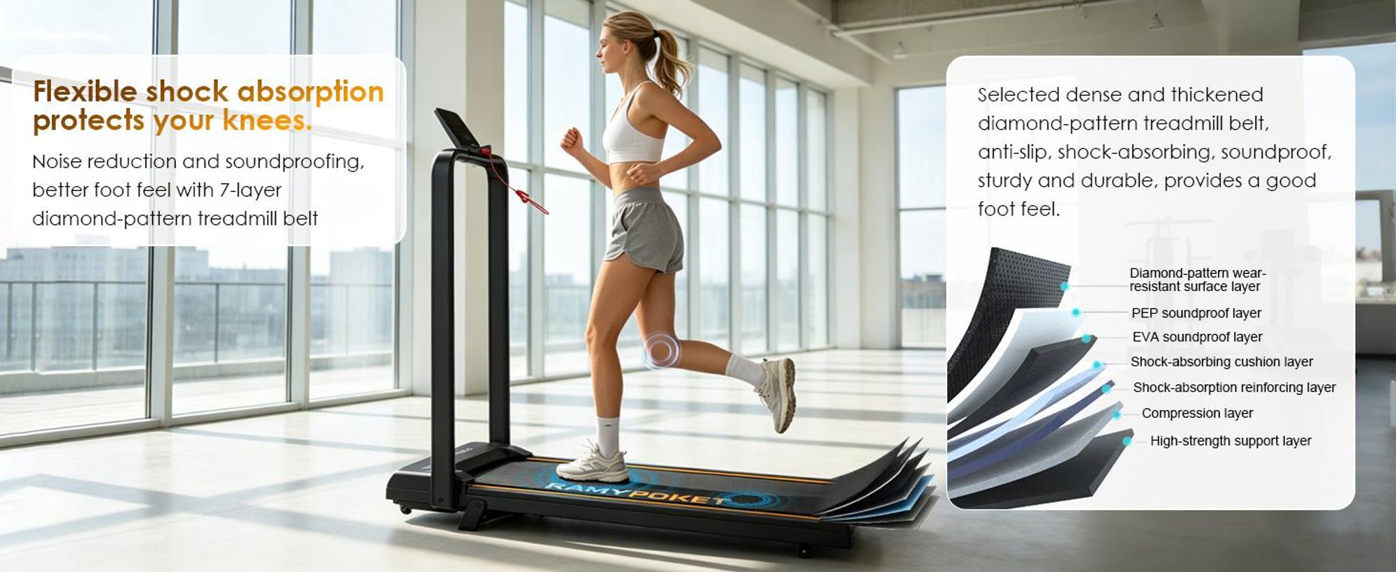 RAMYPOKET Laufband klappbar, laufbander mit 9 % steigung, LCD-Display intelligentes laufband, Super leise,Super Stoßdämpfung, bis 150 kg