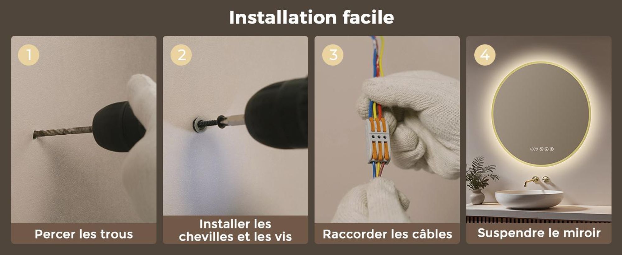 S'AFIELINA Miroir Salle de Bain LED Rond 70 cm avec Éclairage, cadre doré, 3 températures de couleur, variateur, antibuée, horloge & température