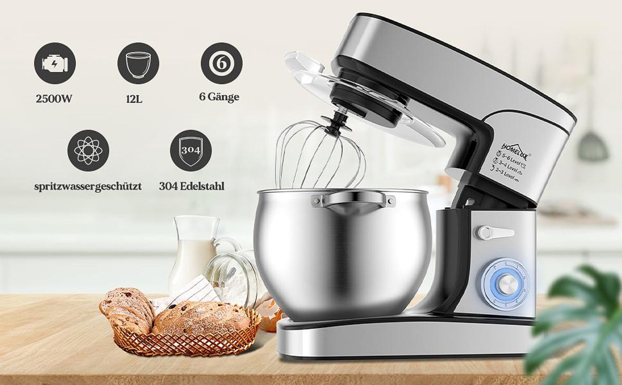 Küchenmaschine Homelux 2500W Knetmaschine,12 L Küchenmaschine,Teigmaschine, inkl 3-Teiligem Patisserie-Set und Spritzschutz, Edelstahlschüssel