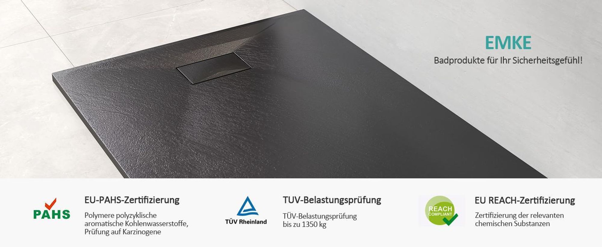 EMKE Duschwanne Flach Rechteckig 120x90cm Duschtasse mit Rutschfeste Struktur in Schwarz Steinoptik inkl. Ablaufgarnitur