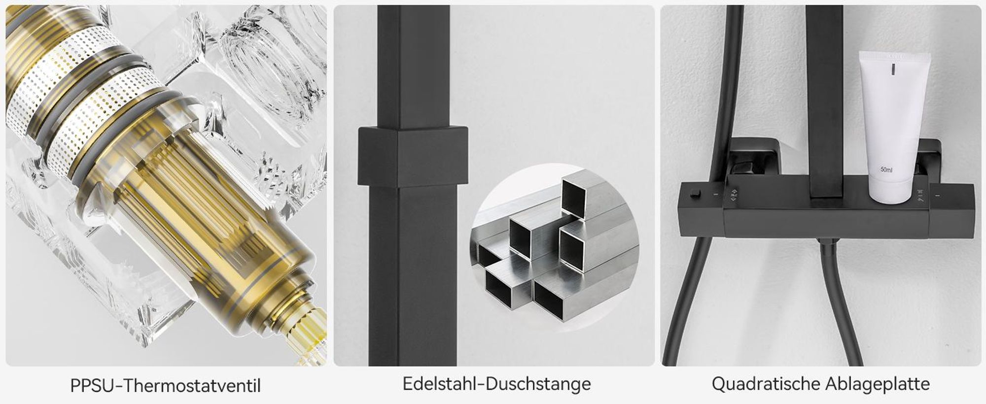 Auralum Duschsystem mit 38 °C Thermostat Duscharmatur Regendusche Duschset Dusch mit Handbrause, Schwarz