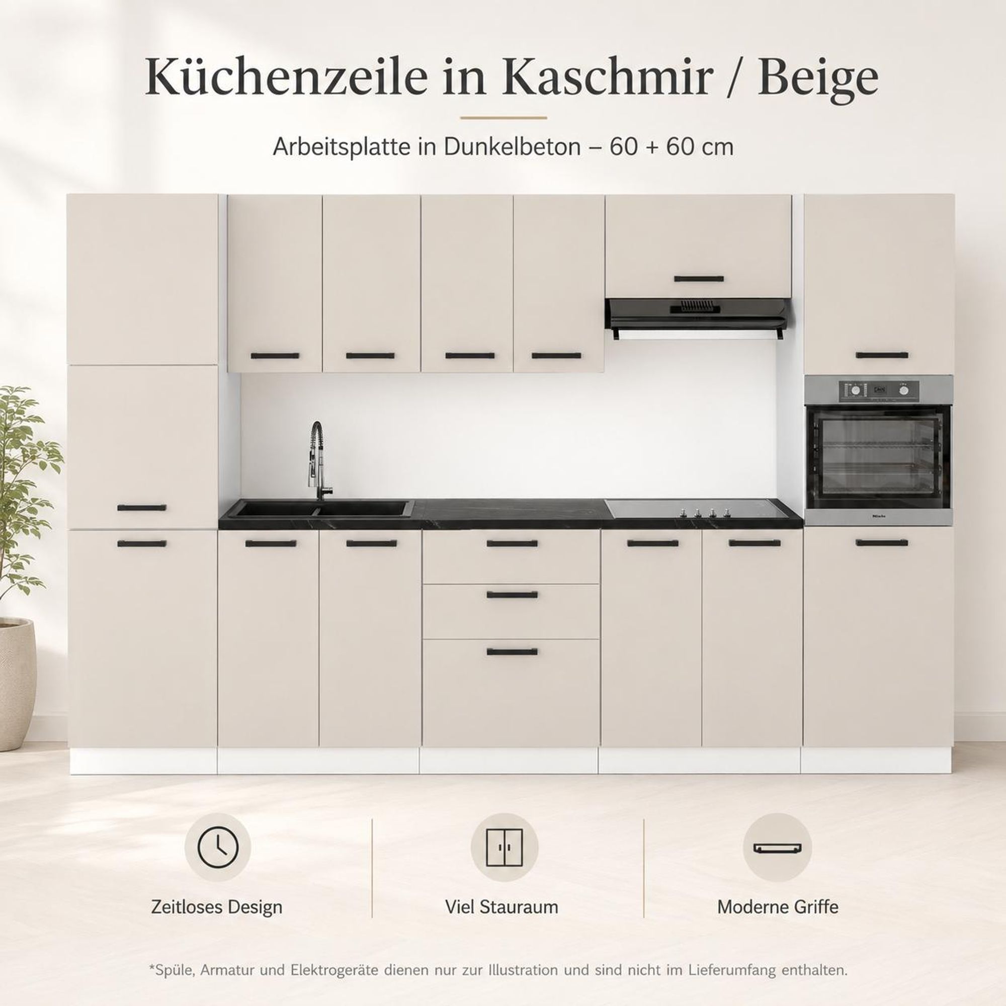 Küchenzeile 260 cm Kaschmir Beige mit Arbeitsplatte Dunkelbeton & Hochschrank