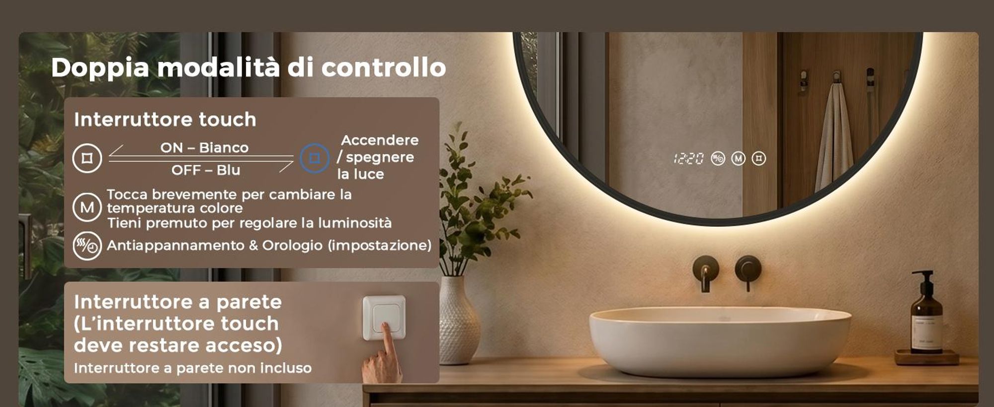 S'AFIELINA Specchio da bagno LED Rotondo 70cm, touch, antiappannamento, dimmerabile, orologio, temperatura, memoria, Nero
