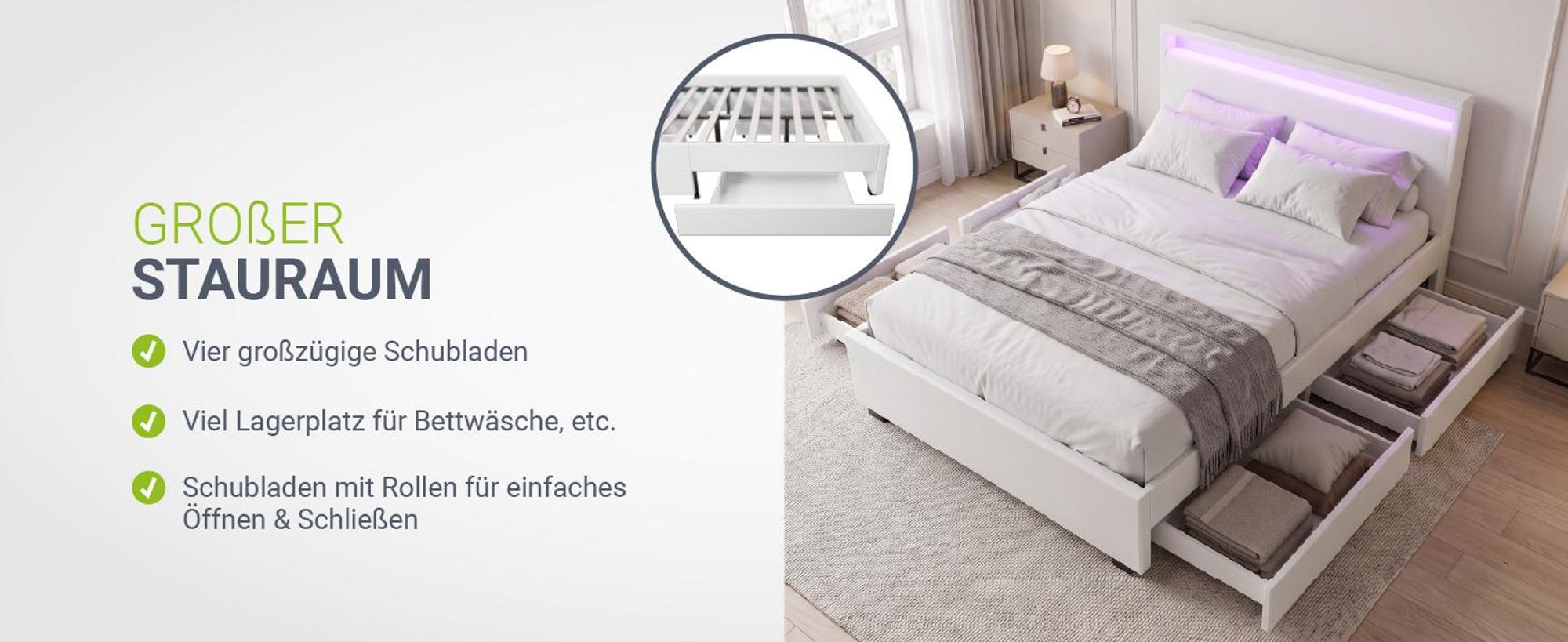 Juskys Polsterbett Lyon 140 x 200 cm weiß – Bettgestell mit Lattenrost, Bettkasten & LED Beleuchtung – Kunstleder & Holz – Bett Jugendbett