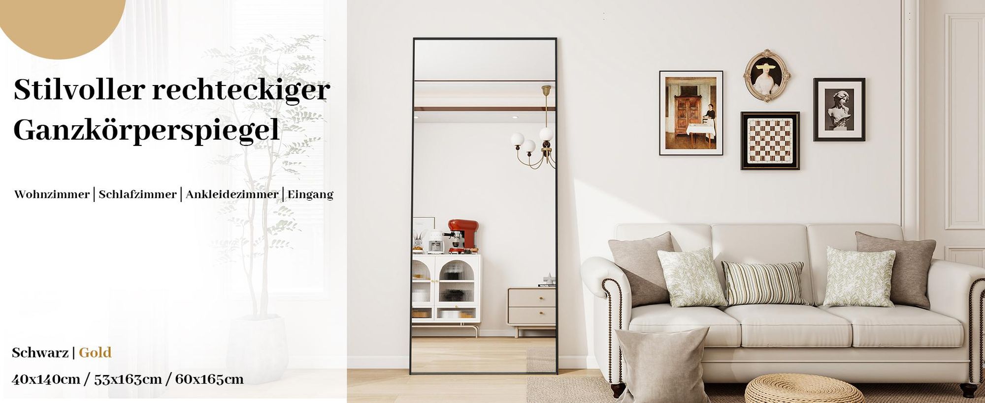 Koonmi 54x160 cm Große Standspiegel, Minimalistische schmaler Aluminiumrahmen, stehend oder hängend für Wohnzimmer und Schlafzimmer, Schwarz
