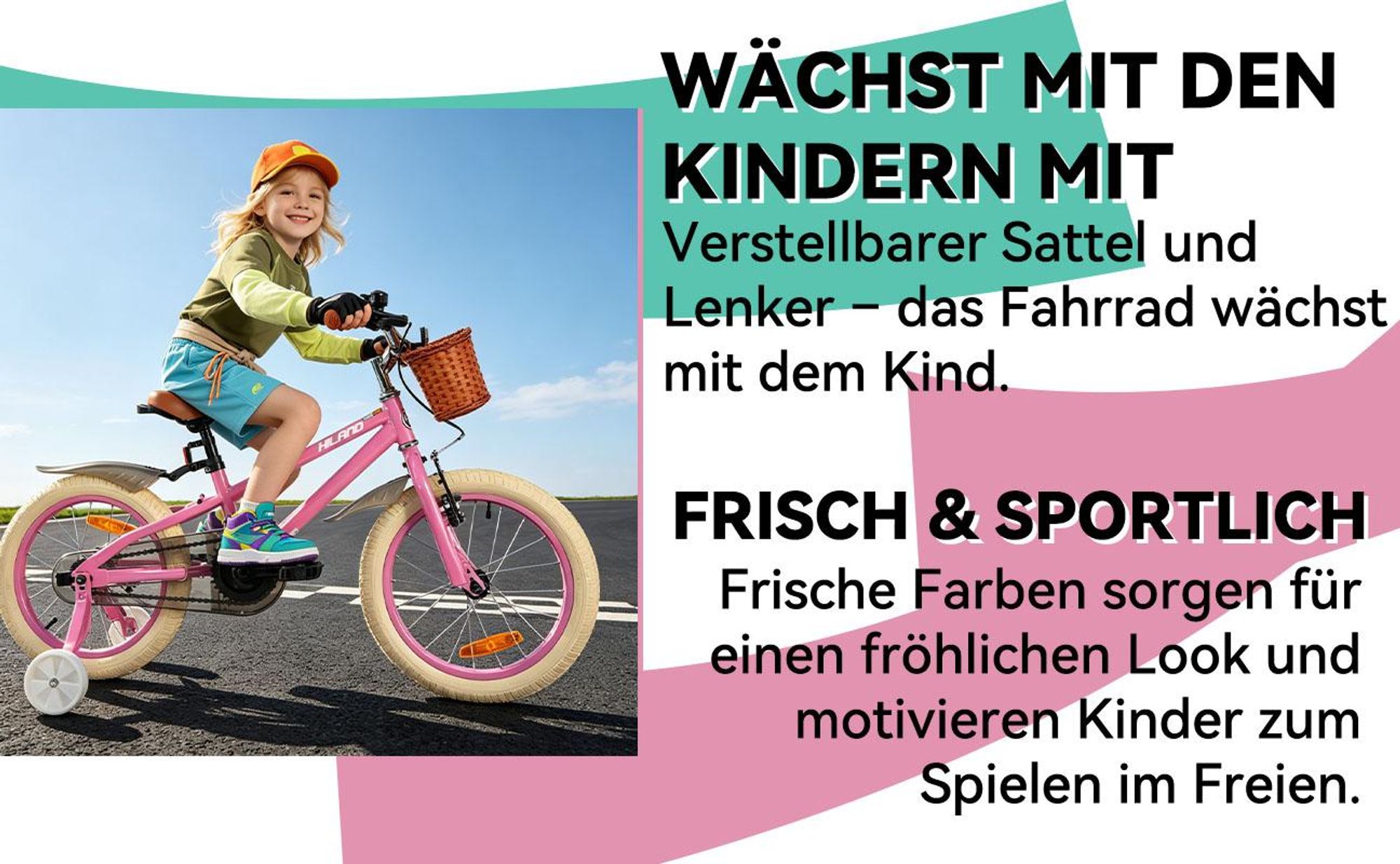 HILAND Ins Star 14 Zoll Kinderfahrrad für Mädchen Jungen 3 4 5 6 Jahre mit Stützräder, Korb, Handbremse und Rücktrittbremse, Mintgrün