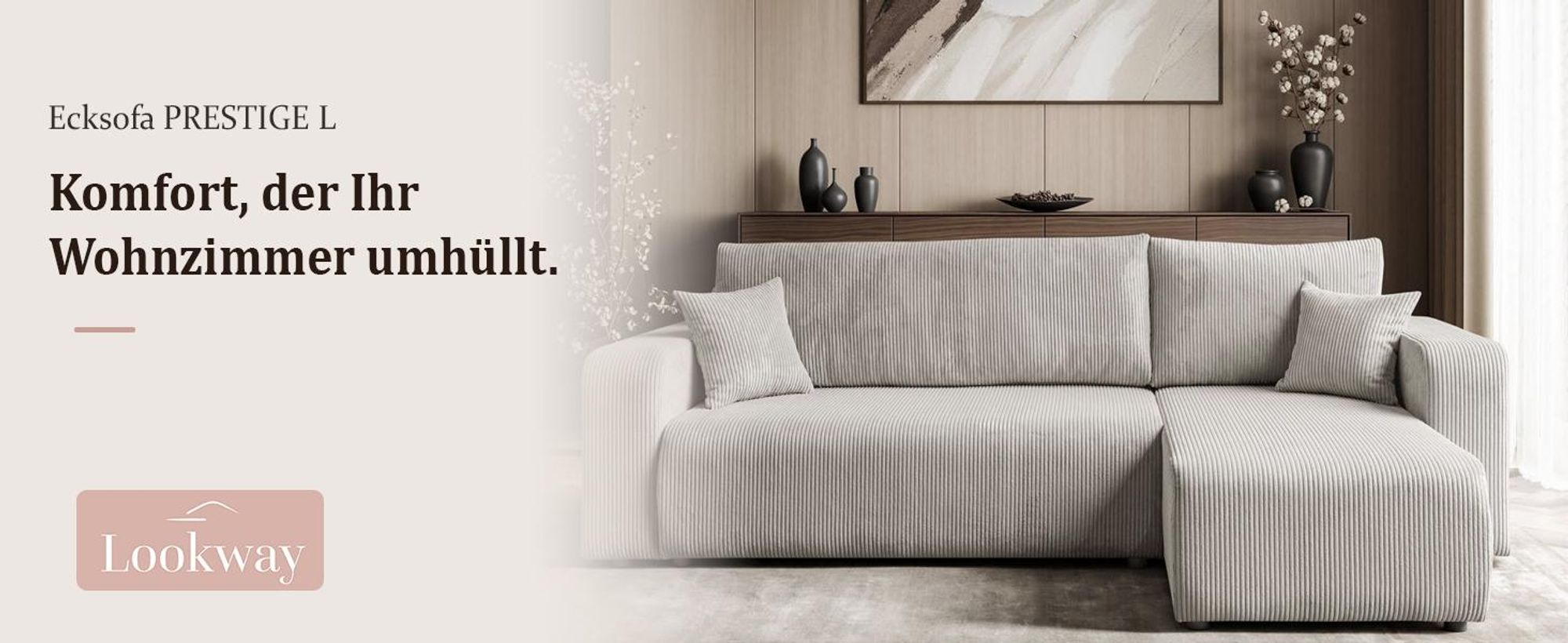 Ecksofa PRESTIGE L, mit Schlaffunktion und Bettkasten, Poso 100