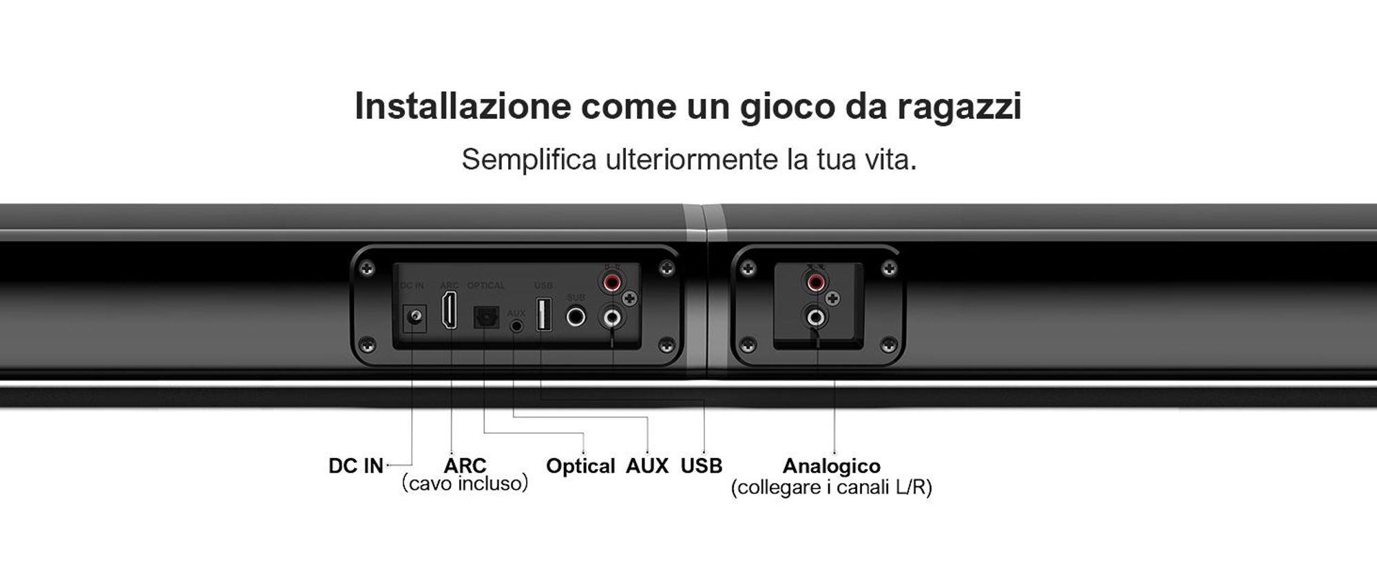 ULTIMEA Soundbar a 2.2 canali per televisori, soundbar 2-in-1 divisibile, Bluetooth® 5.3, 3 modalità EQ e bassi regolabili, ARC/Ottico/Aux, Apollo S40