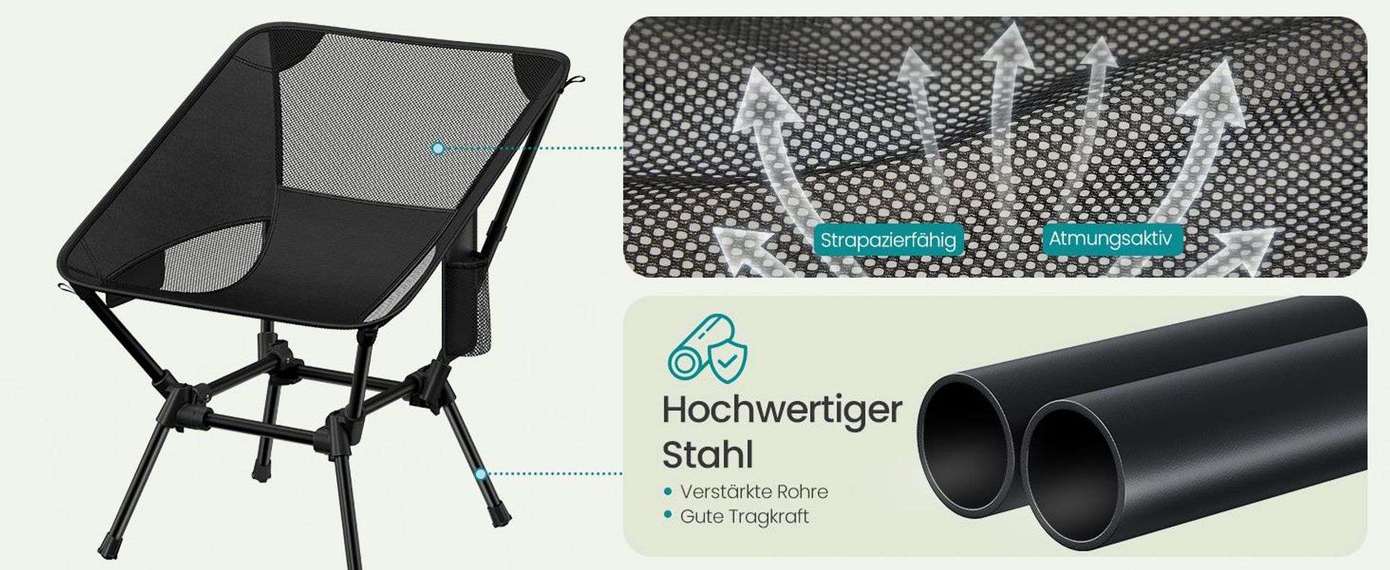 SONGMICS Campingstuhl höhenverstellbar, Klappstuhl mit Stahlrahmen, 2 Aufbewahrungstaschen, Outdoor, schwarz
