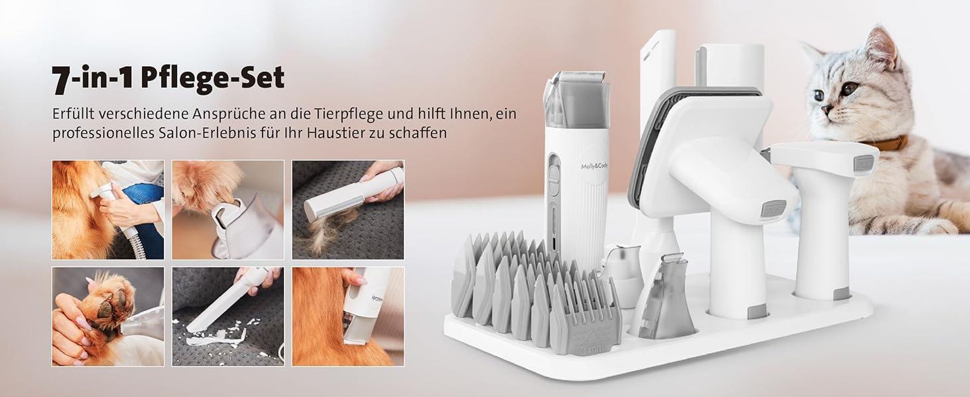 Molly&Cody SAMSON 7-in-1 Fell-Schermaschinen-Set mit Tierhaar-Absaugung für Hund & Katze (6 Aufsätze, kontaktlose Entleerung)