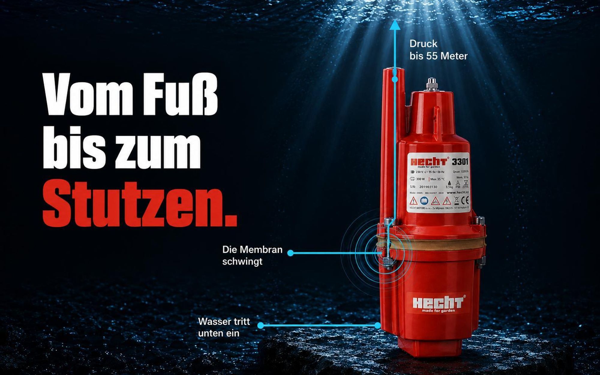HECHT 3301 Membranpumpe Brunnenpumpe | 300 W | 1400 l/h | DN 100 | 100 mm Außendurchmesser