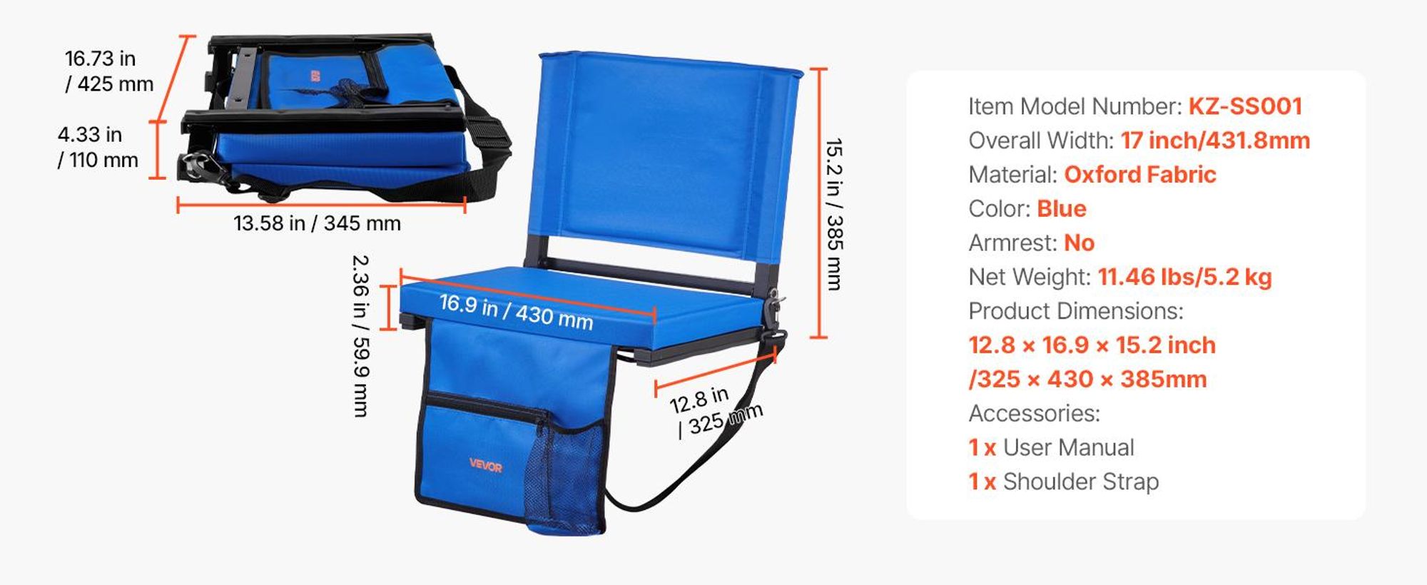 VEVOR Stadionstuhl, Klapp-Bleacher-Stuhl mit Rückenstütze und dickem Kissen, gepolsterter Stadionstuhl für die Tribüne, inklusive Schultergurt, Haken, Becherhalter, Elasthan-Material, Seitentasche, PP-Material, 2 Stück-Blau, Ohne Armlehne-a