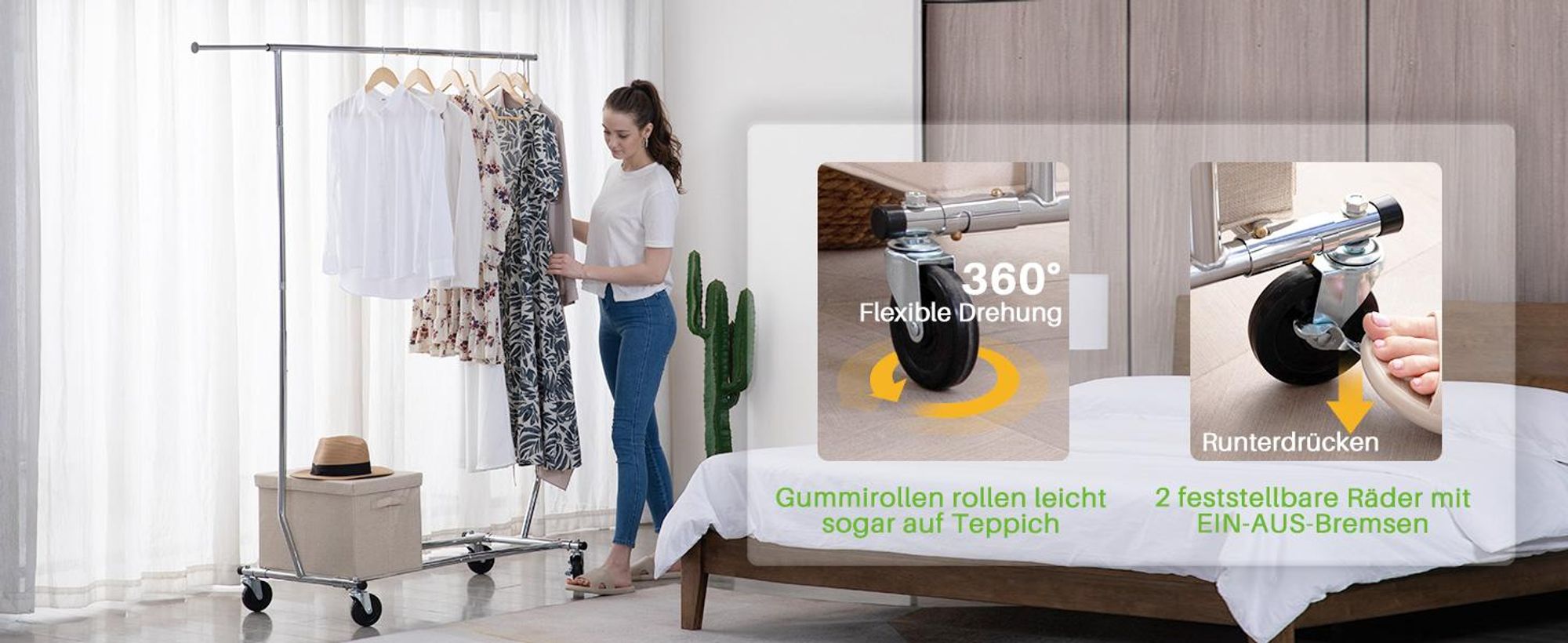 HOKEEPER Rolling Kleiderständer,113kg Tragfähigkeit Kommerzielle Grade Kleidung Kleiderständer, Heavy Duty Sing Rail Einstellbare zusammenklappbare