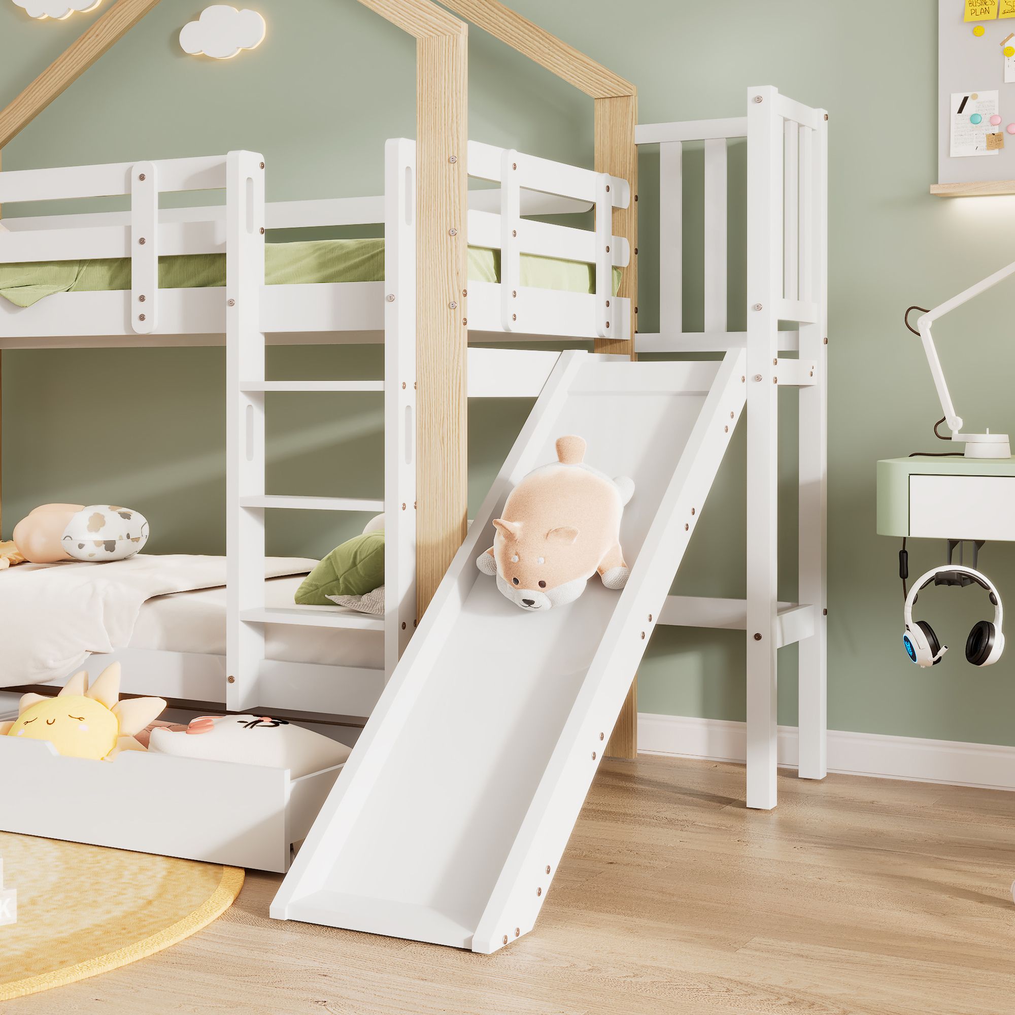 Flieks Etagenbett mit Rausfallschutz, Kinderbett mit Rutsche und Leiter, Hochbett mit 2 Schubladen, Hausbett Massivholzbett Stockbett 90x200cm, Weiß