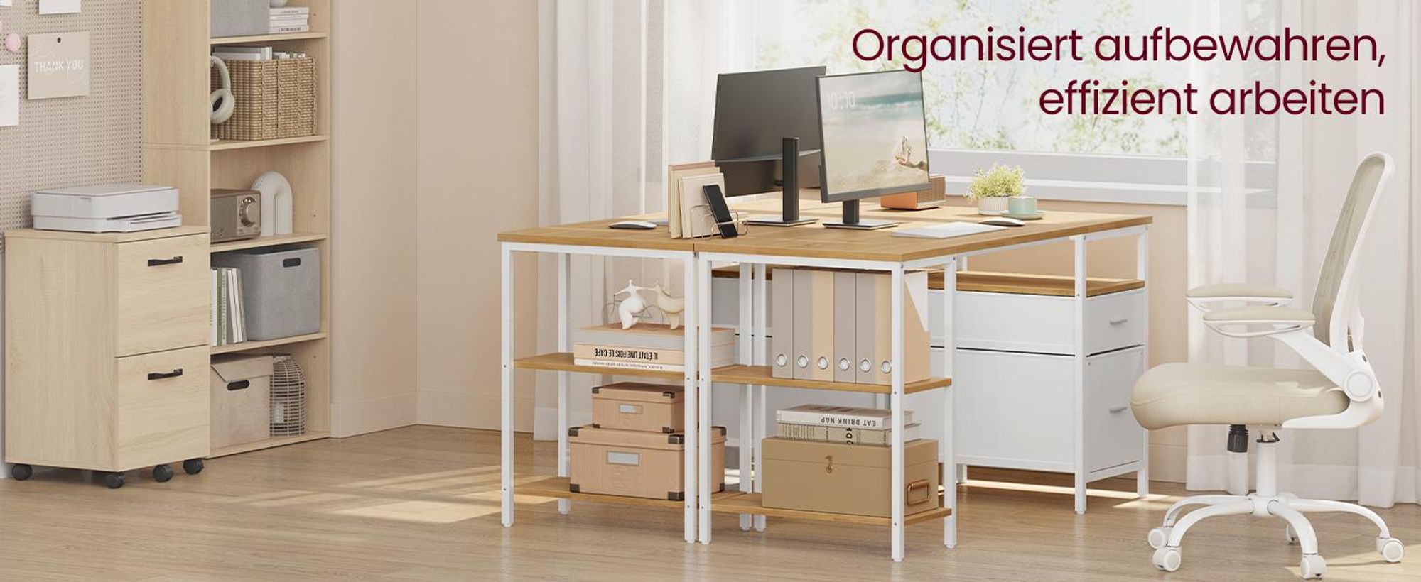 VASAGLE Schreibtisch mit 3 Ablagen, Bürotisch mit 2 Schubladen, 140 x 60 x 76 cm, moderner Stil, eichenfarben-weiß