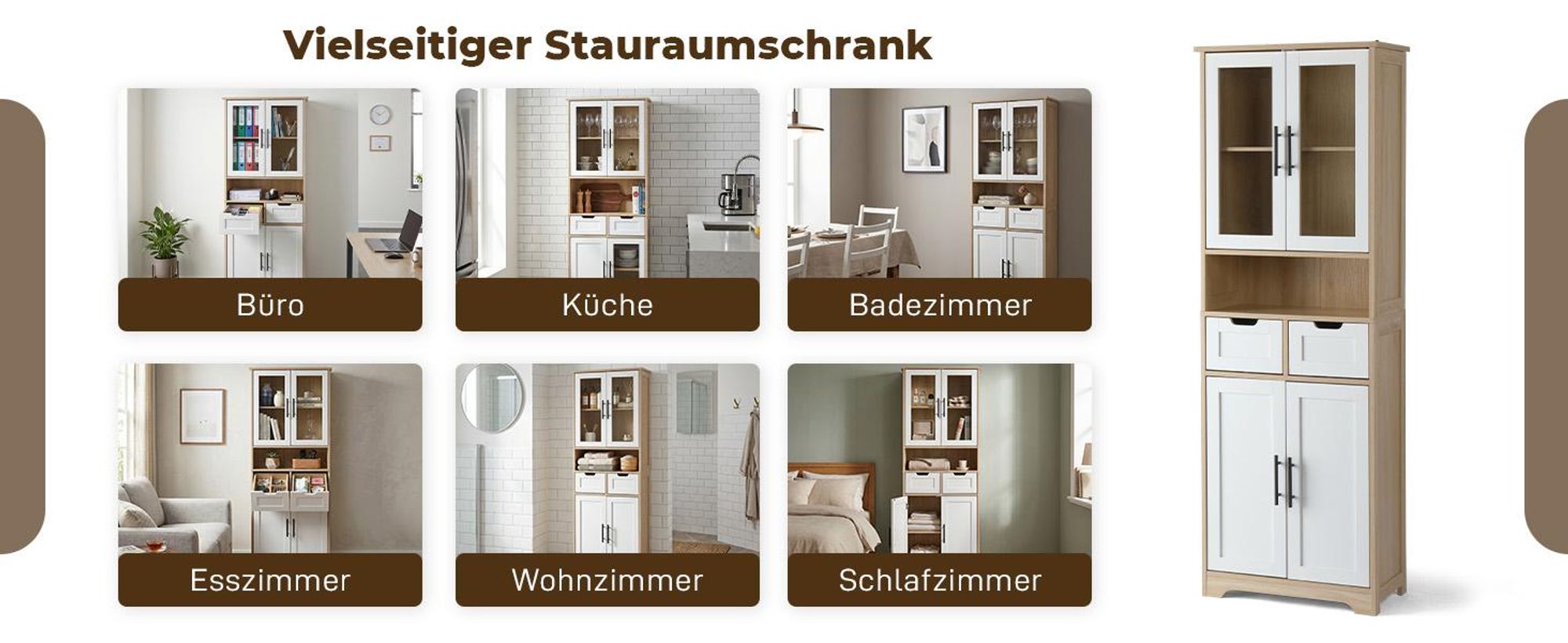 FCH Küchenunterschränke,Vorratsschrank, mit 4 Türen und 2 Schubladen,60 x 30 x 170cm, Weiß + Eichenoptik