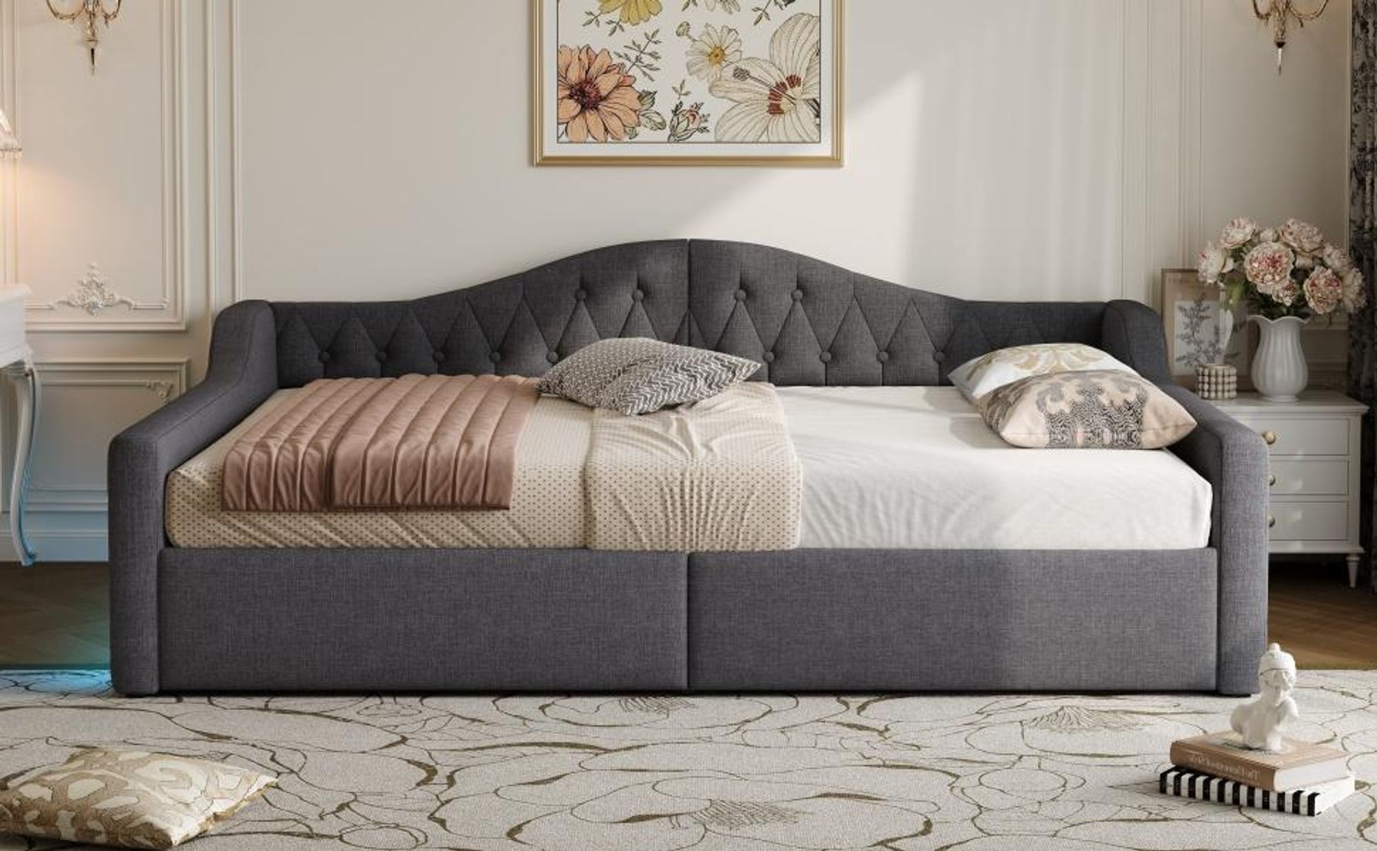 Merax Tagesbett 140x200cm, Schlafsofa mit LED-Gürtel und Hydraulische Lagerung, Polsterbett mit Rückenlehne, Lattenrost, Leinen Daybett, Grau