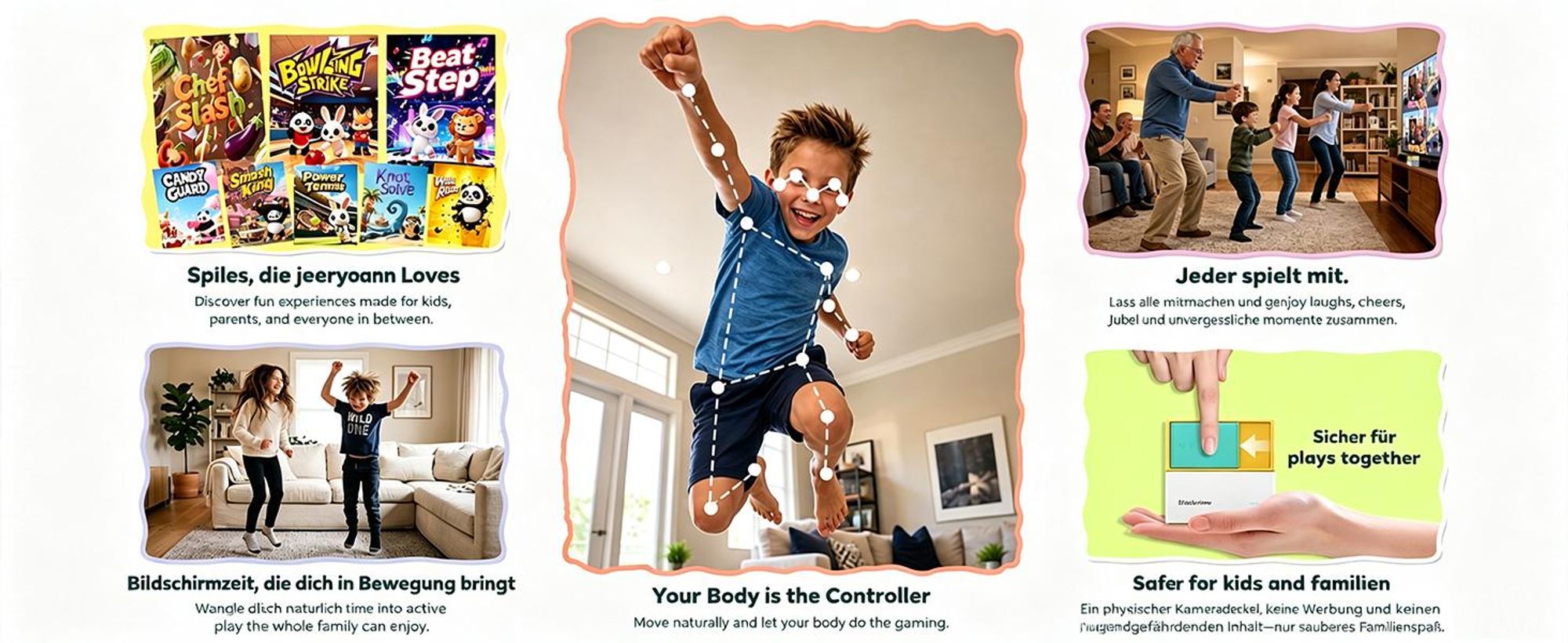 Blackview PlayPop 8 Spielkonsole für TV, 17-Punkt-KI-Tracking, ohne Controller, bis 4 Spieler, 6 Spielkategorien, HDMI, Geschenk für Kinder