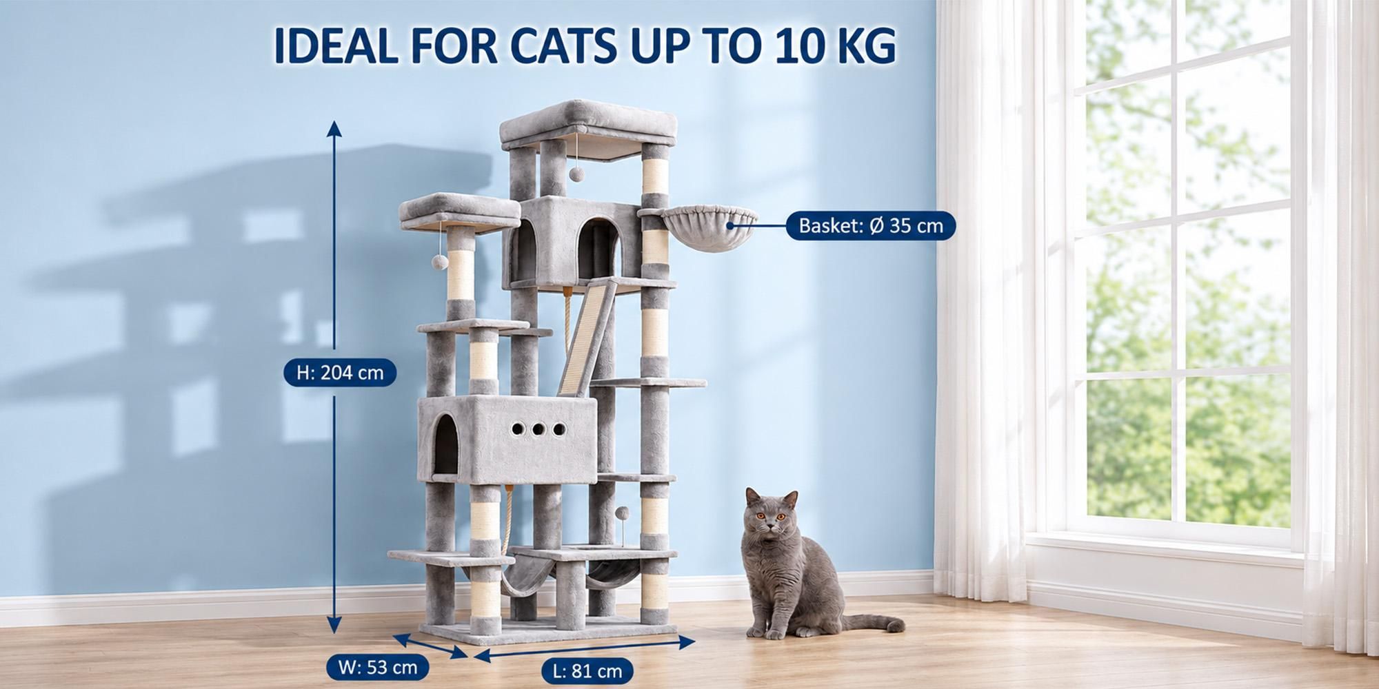 Fobyfurny Kratzbaum, 201 cm XXL Katzenbaum mit 9 Kratzsäulen, 2 Höhlen, 2 Hängematten, Große Plattform, Sisalseil, Korb, Große Katzen