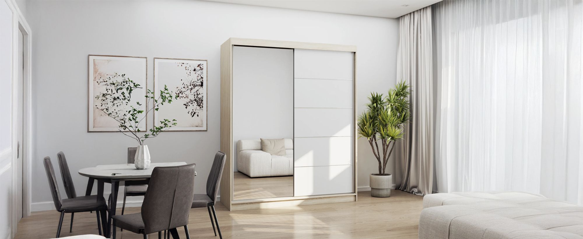 Schwebetürenschrank Kleiderschrank Bono 05, 160 cm, Sonoma/Weiß mit Spiegel