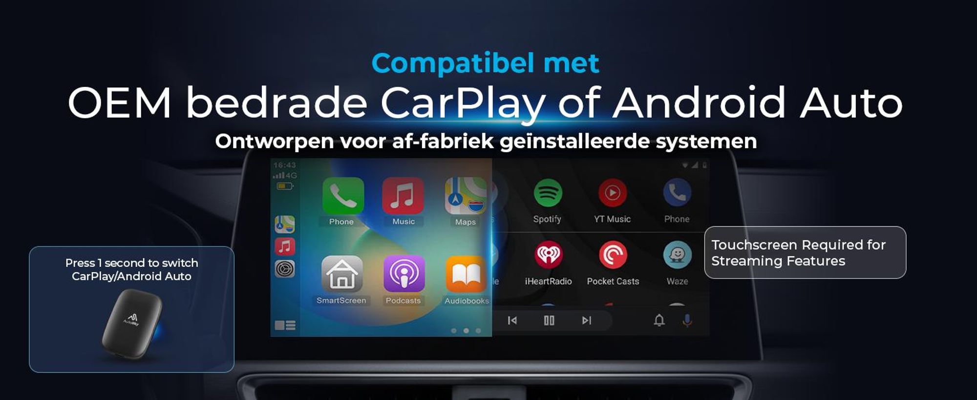 AutoSky AI Box Lite – Draadloze CarPlay & Android Auto met Netflix en YouTube, Plug & Play voor iPhone en Android