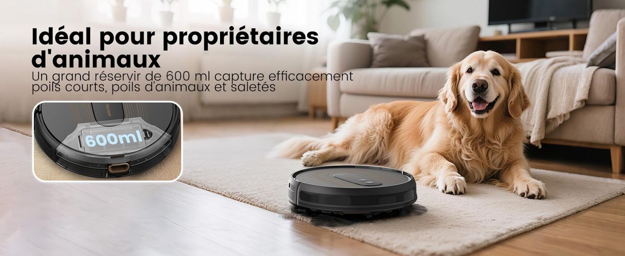 Robot aspirateur AIRROBO G50, puissance d'aspiration de 4 000 Pa,via application, autonomie de 120 minutes, grand bac à poussière de 600 ml, robot aspirateur optimisé pour les tapis et les poils d'animaux