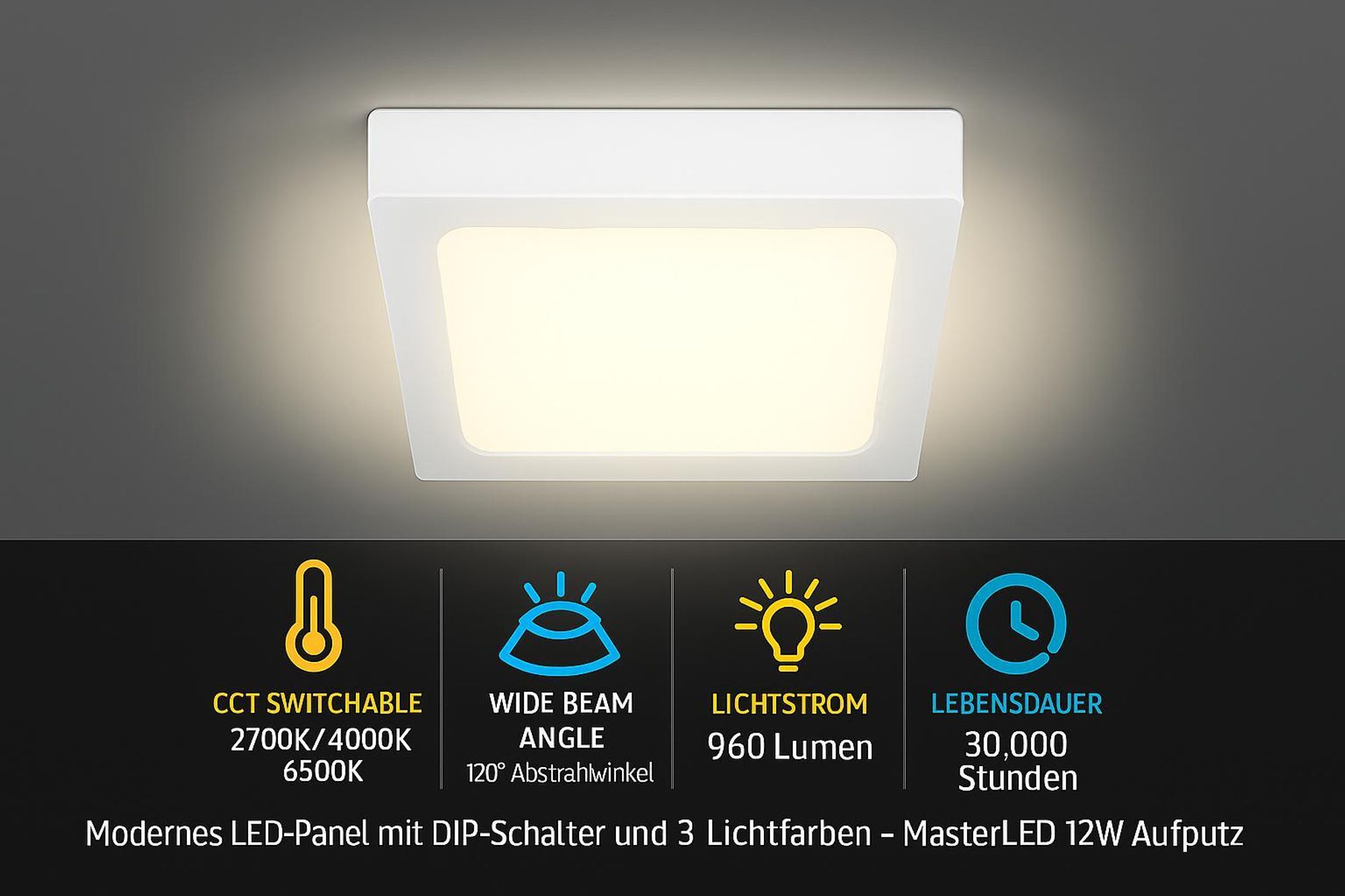 Quadratisches LED-Panel 12W mit DIP-Schalter, 3 Farbtemperaturen und 960 Lumen Lichtstrom.
