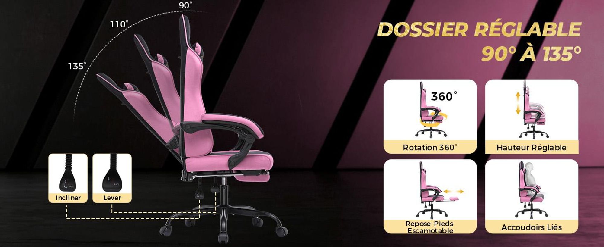 Chaise de gaming GTPLAYER, ergonomique, avec revêtement en tissu, coussin de siège à ressort, accoudoirs réglables et repose-pieds, capacité de poids de 150 kg