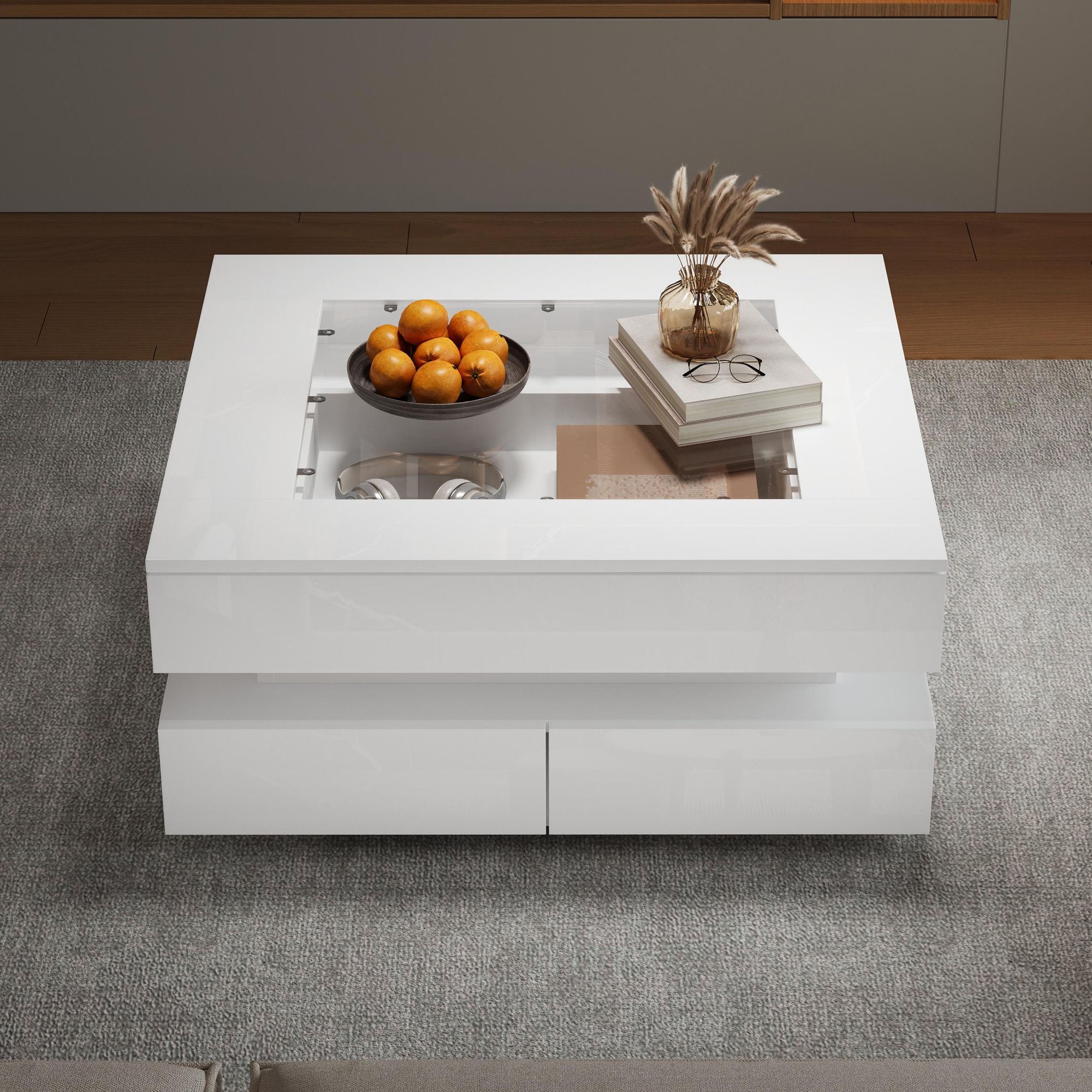 Merax LED-Couchtisch mit Glasplatte, Beistelltisch Wohnzimmertisch mit 3 Schubladen, moderner Sofatisch für kleine Räume, Hochglanz Weiß