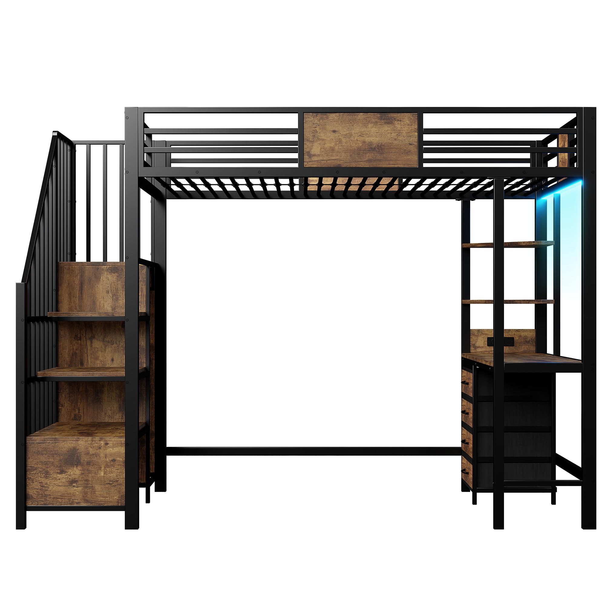 Flieks Etagenbett 90x200cm mit Schreibtisch und Steckdose, Hochbett mit Treppe und Stange, Kinderbett Jugendbett mit Rausfallschutz, Schwarz