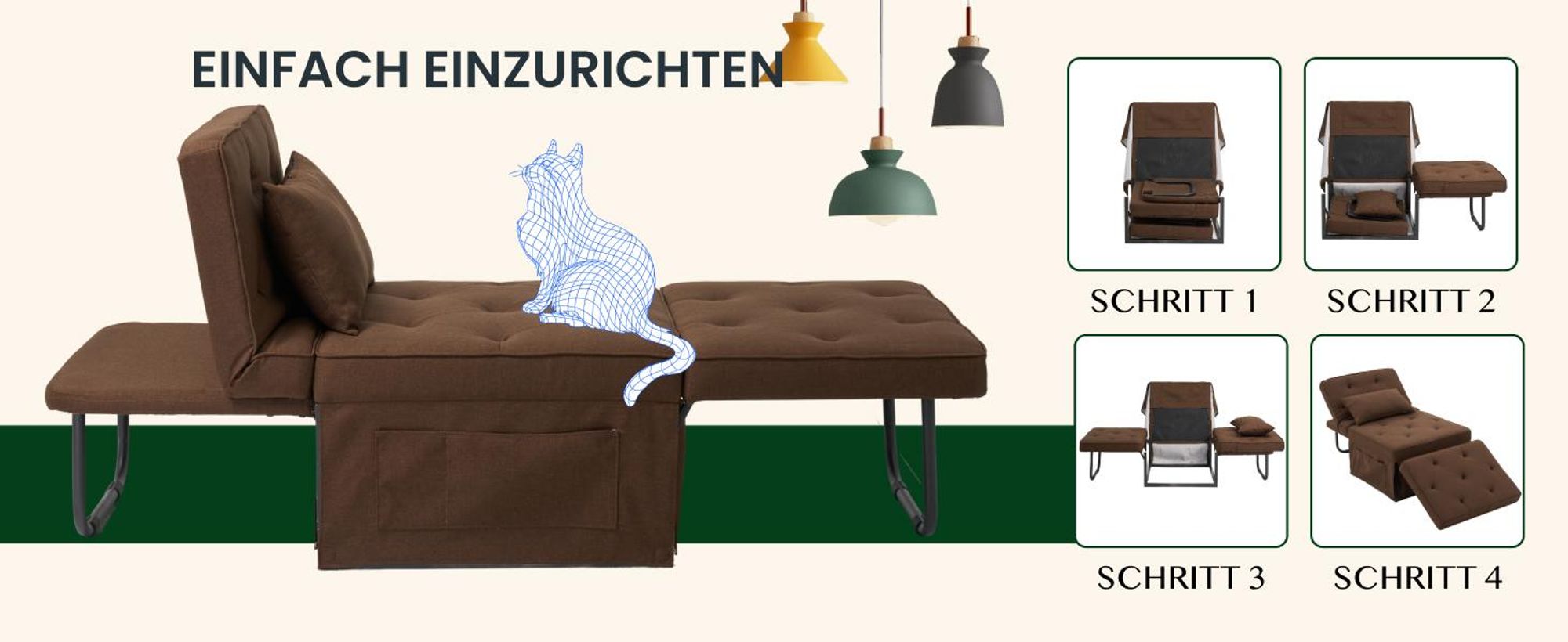 FLEXISPOT 4-in-1 Schlafsofa Klappbett Einzelsofa mit klappbarem Hocker, Kissen & 6-fach verstellbarer Rückenlehne, Schlafsessel für Gästezimmer Khaki