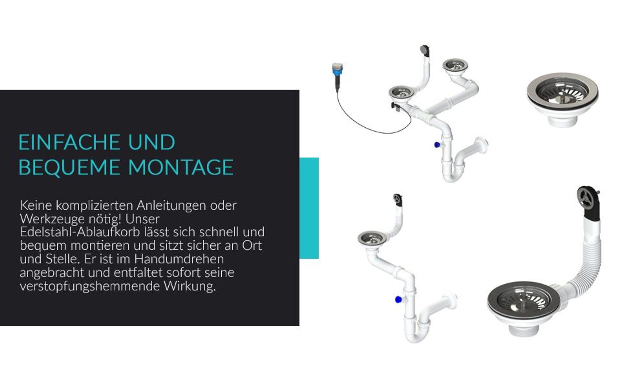 GRANMASTER Ablaufset für 1-Kammer-Spülen, platzsparendes Siphon-Design, Überlaufdeckel, 3 1/2 Zoll Siebkorbventil, Geräteanschluss, einfache Installat