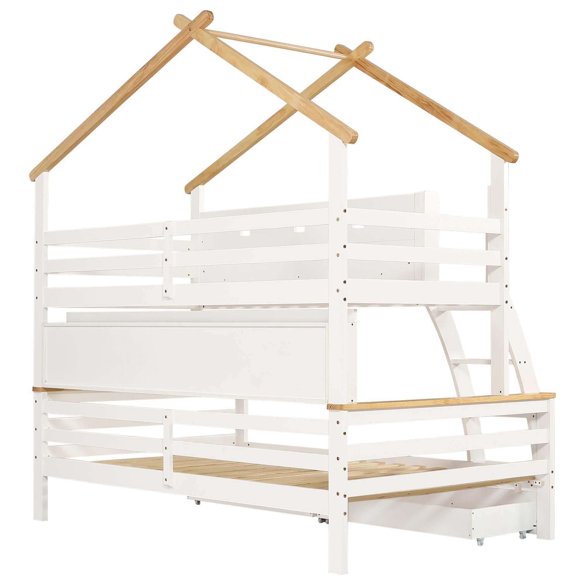 Flieks Etagenbett 90x200cm/120x200cm, Kinderbett Hausbett mit 2 Schubladen und Regal, Hochbett Holzbett Stockbett mit Lattenrost, Naturbelassen