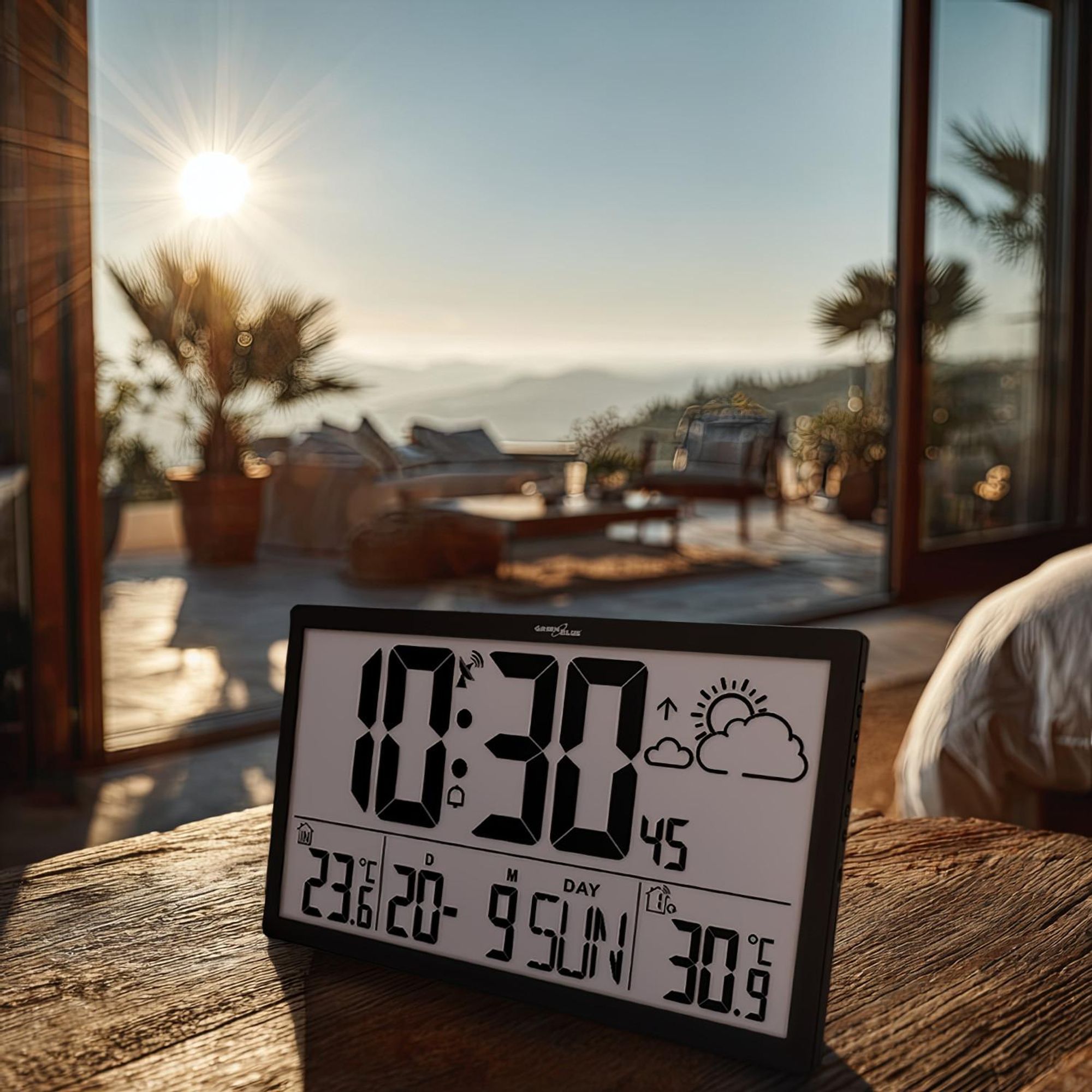 Wetterstation Digitale Wanduhr mit Außensensor, DCF-Uhr, 37x22,5cm Große Wanduhr, Alarm mit Schlummerfunktion, LCD Display, Innen und Außentemperatur,