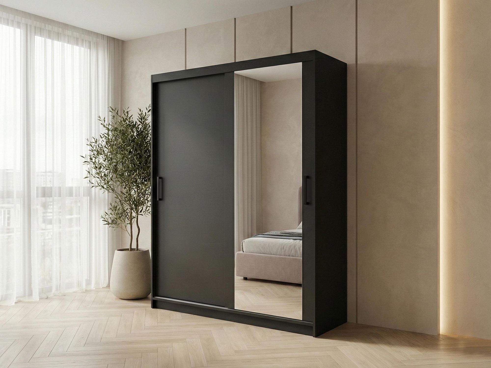 BEAUTYSOFA | Schwebetürenschrank HELA 160 cm Schwarz – 2-türig Moderner Kleiderschrank mit Spiegel und Schiebetüren