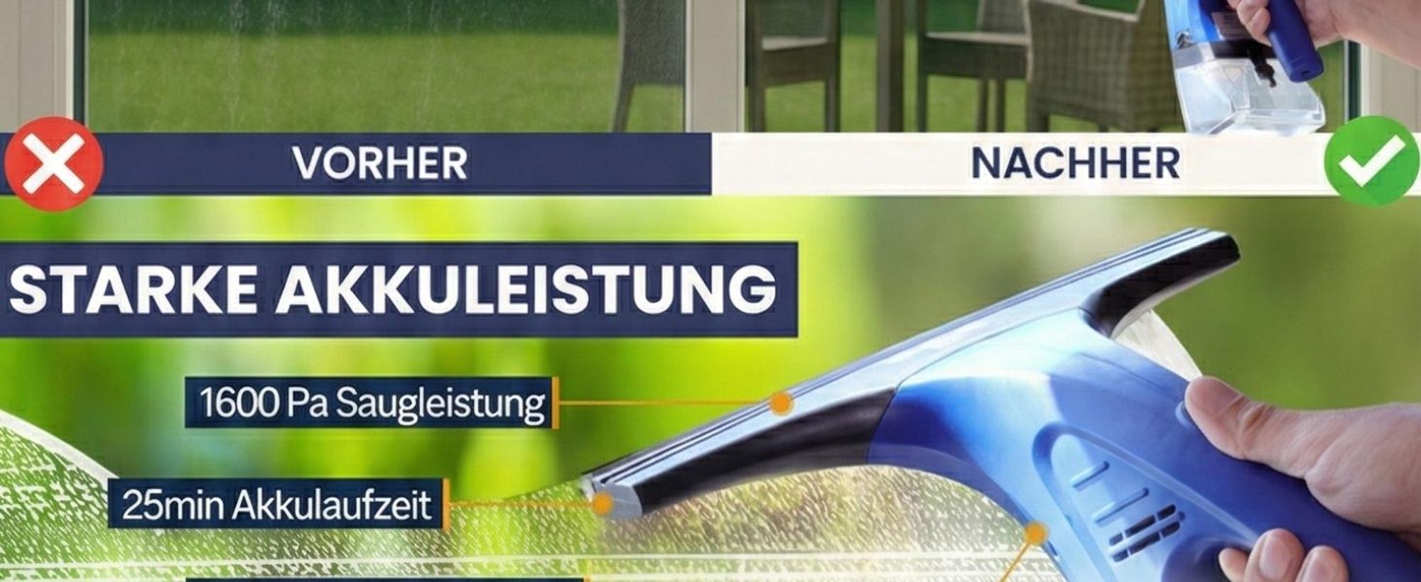 Fenstersauger Set mit Sprühflasche & Mikrofaserpad | Akku Fensterreiniger 1600Pa | 25 Min Laufzeit, 250ml Tank | Streifenfreie Reinigung für Fenster