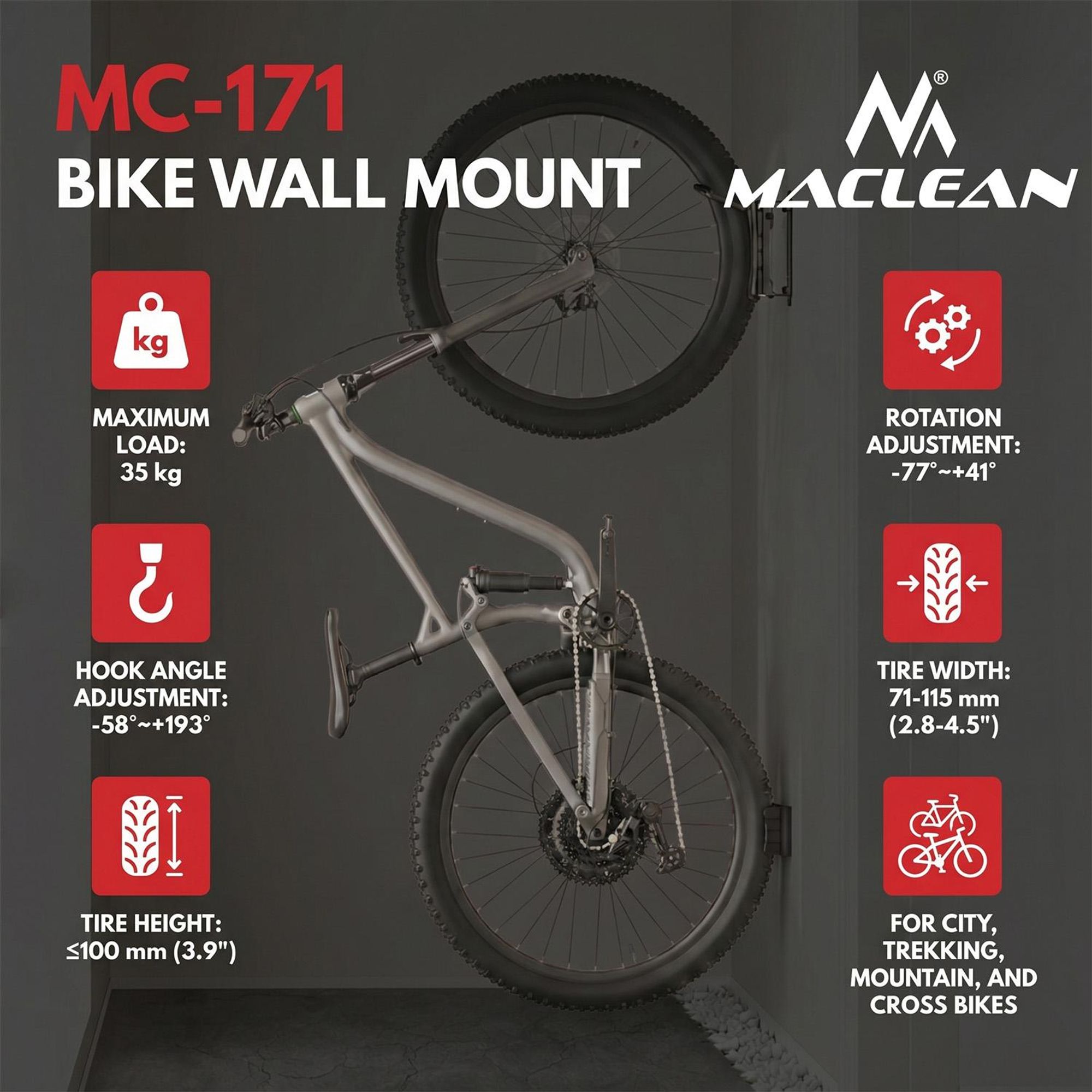 4x Maclean Fahrradhalterung / Wandhalterung max. Tragkraft 35 kg Neigungswinkel einstellbar Stahl, MC-171