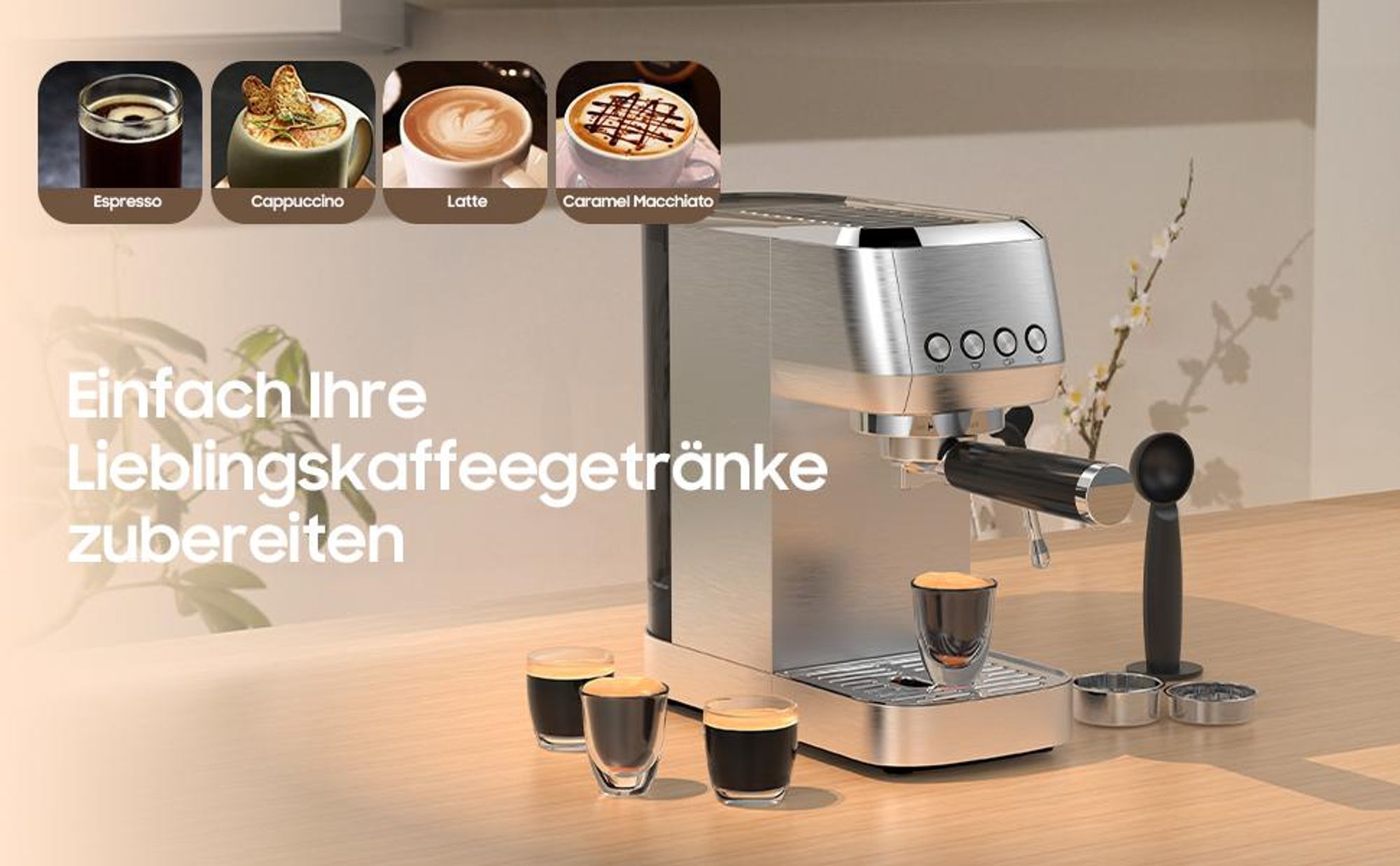 Espressomaschine mit Milchschaumdüse CM1662B 1350W, 20 Bar Espressodruck, Perfetto Compact Portafilter Espresso Machine, Metall