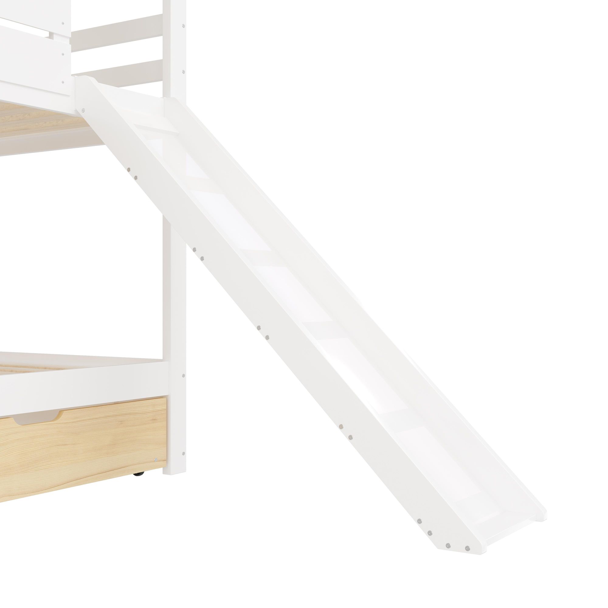 Merax Haus-Etagenbett 90x200 mit Ausziehbett, Kinderbett mit Rutsche und 2 Schubladen, Holz Jugendbett für 3 Kinder, Stockbett, Hochbett, Weiß+Natur