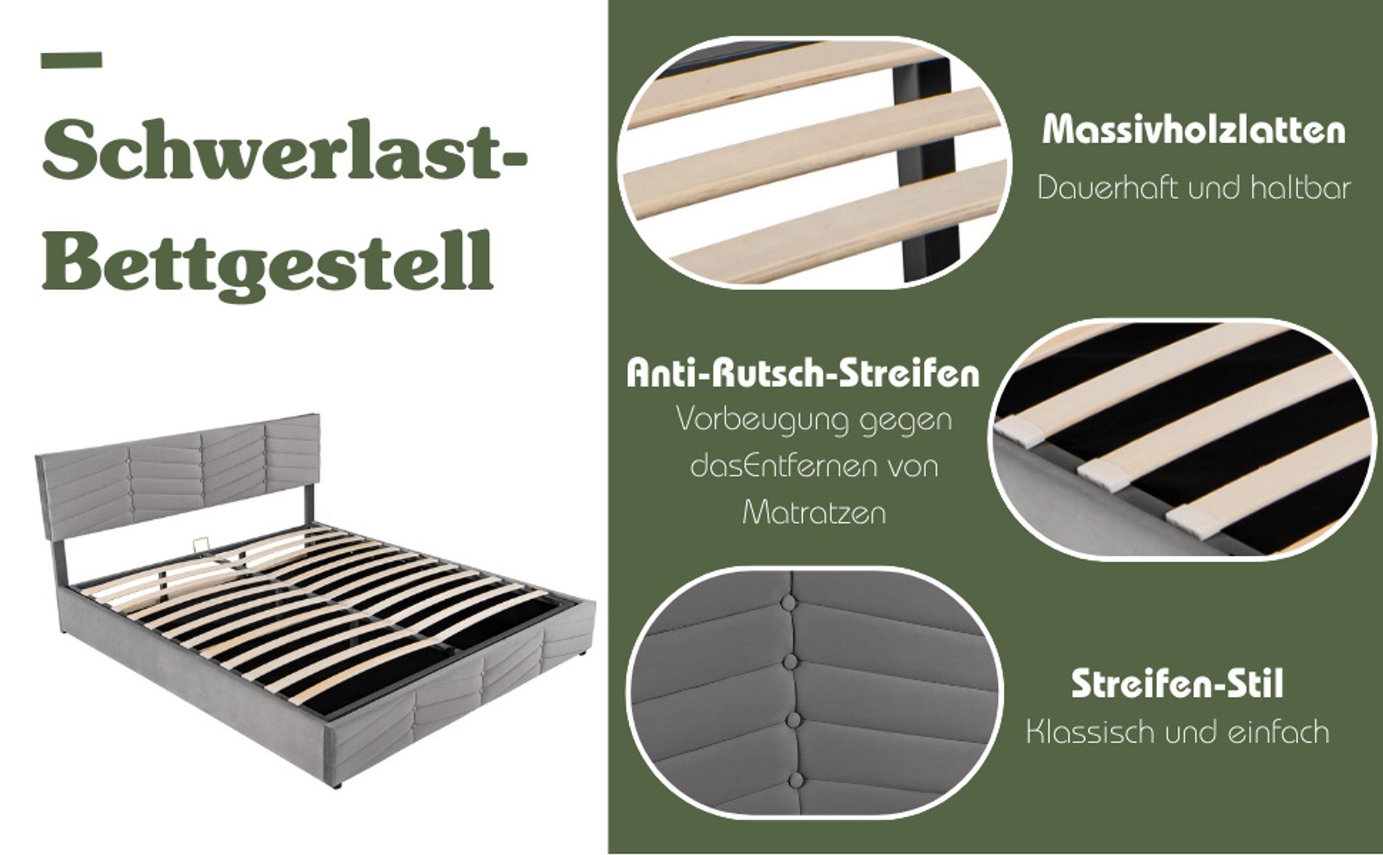 okwish Polsterbett 140 x 200 cm, Doppelbett, hydraulisches Bett, Samt, Streifenstil, Kontinentalbett, höhenverstellbares Kopfteil, grau
